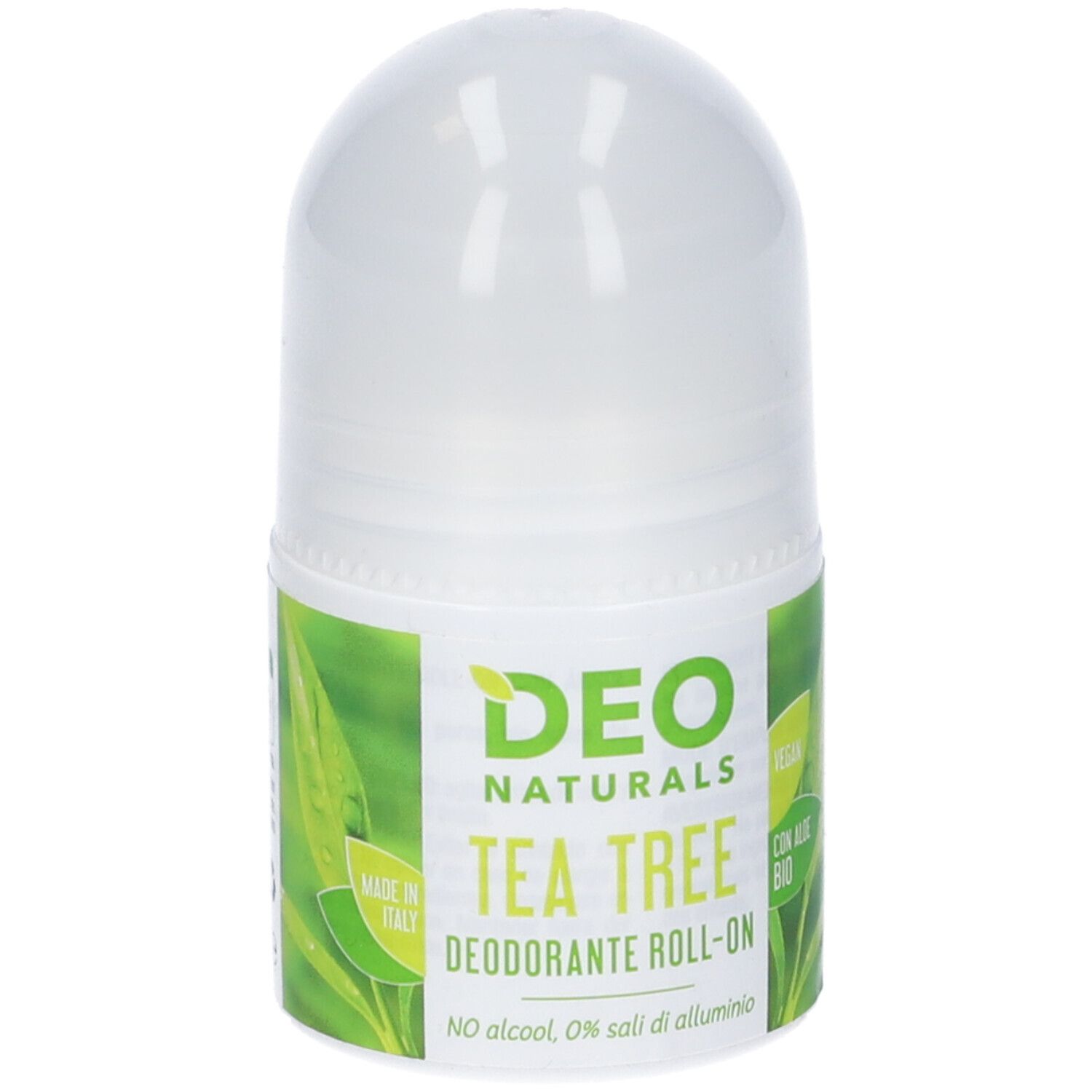 Deodorante roll-on bianco con etichette verdi. Scritta: Deo Naturals Tea Tree Deodorante Roll-on. Vegano, senza alcool, senza sali di alluminio.