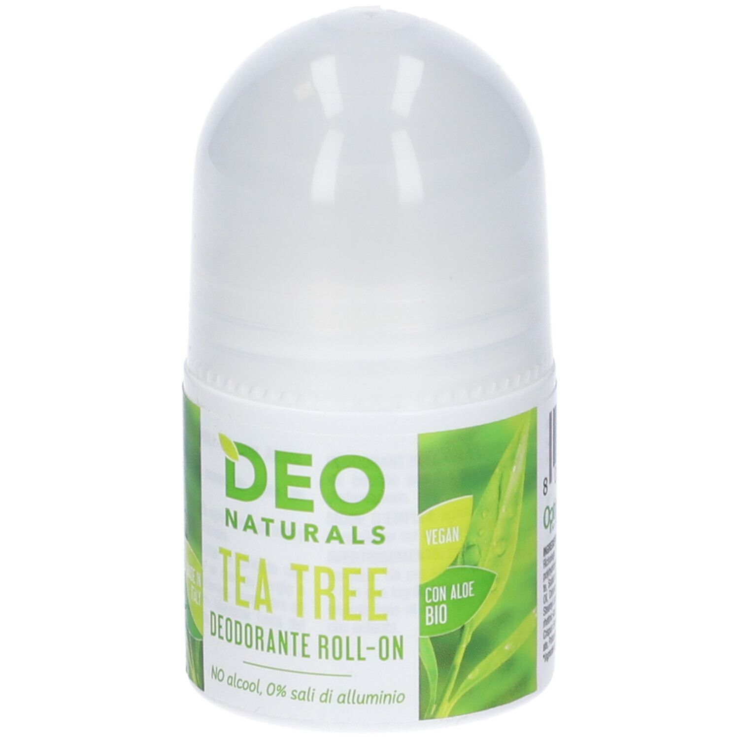 Deodorante roll-on bianco con etichette verdi. Scritta: Deo Naturals Tea Tree Deodorante Roll-on. Vegano, senza alcool, senza sali di alluminio.