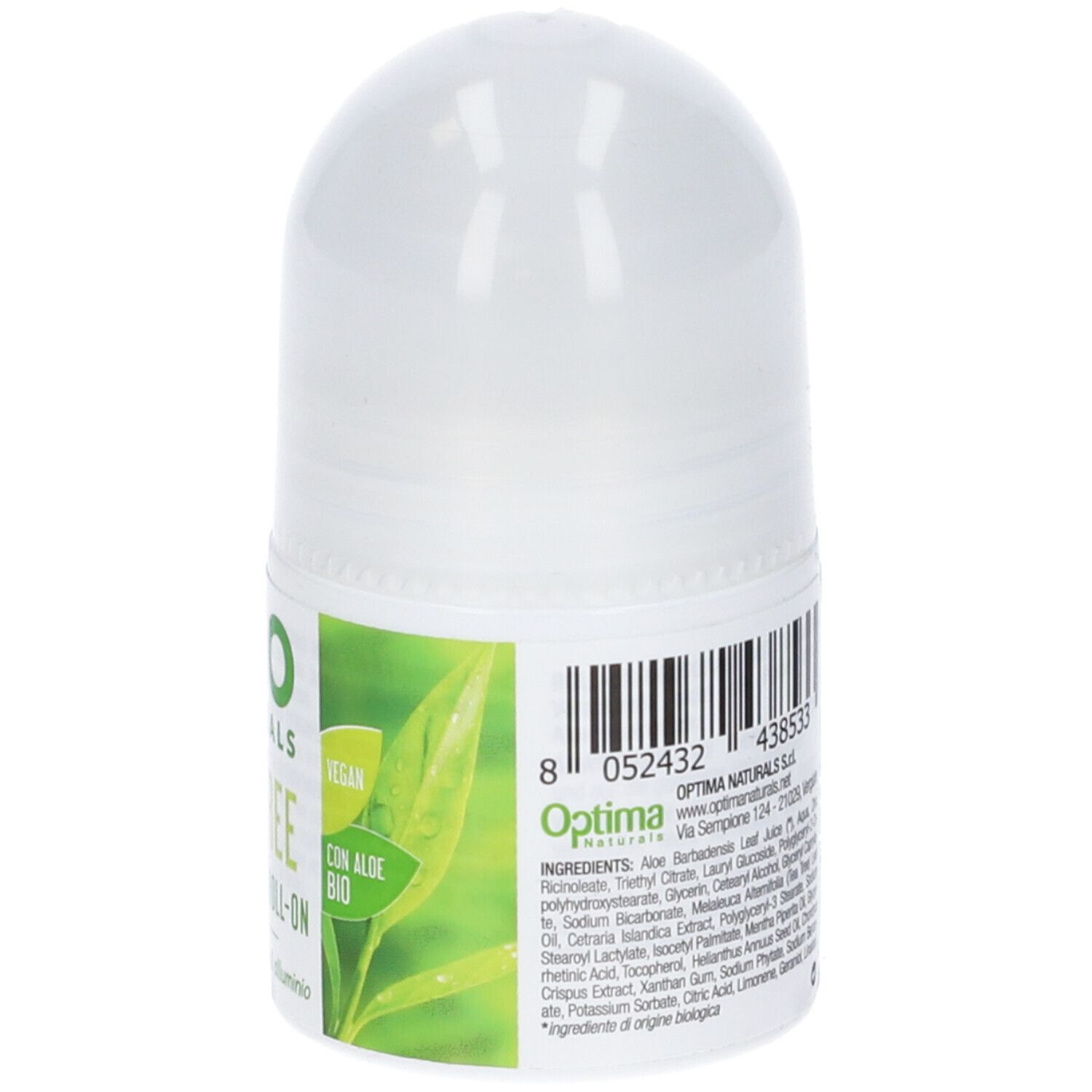 Deodorante roll-on bianco con etichette verdi. Scritta: Ingredienti, 50ml. Codice a barre e informazioni del produttore sul retro.