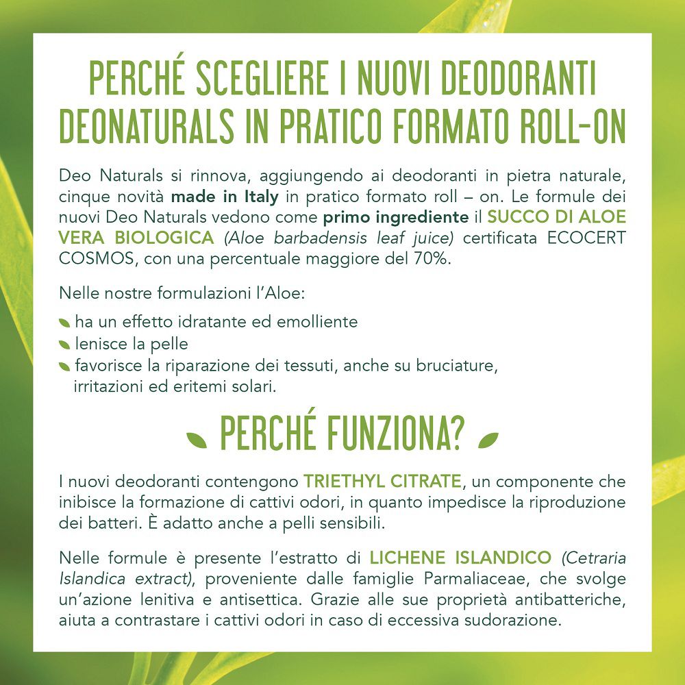 Informationen über Deo Naturals Roll-on Deodorants, Herstellung in Italien, Aloe Vera.