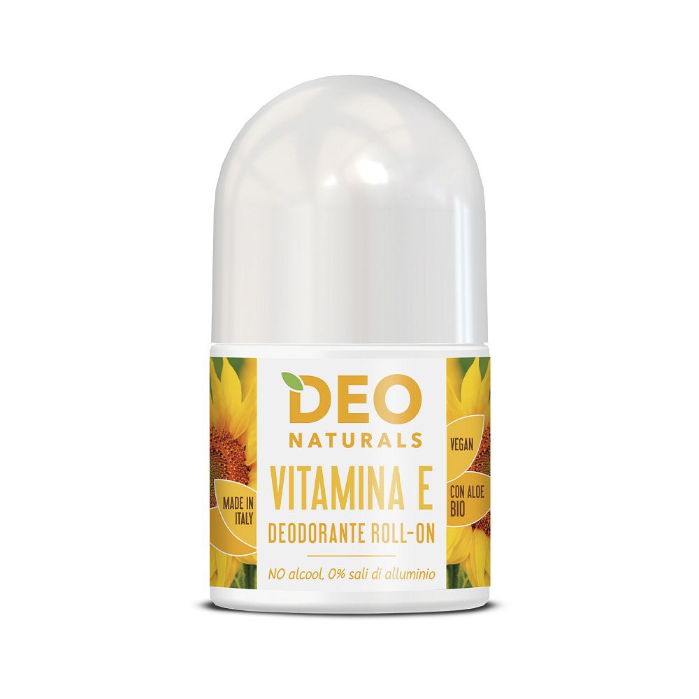 Deo Naturals Vitamin E Deodorant Roll-On mit Sonnenblumenmotiv. Vegan, Made in Italy. Ohne Alkohol, 0% Aluminiumsalze.