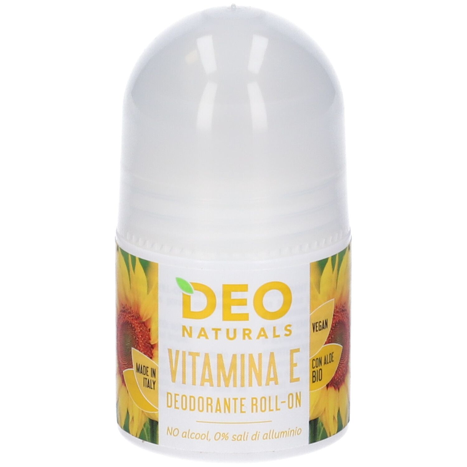 Flacone roll-on bianco. Etichetta giallo-verde con testo: Deo Naturals, Vitamina E, Deodorante roll-on. Design girasole.