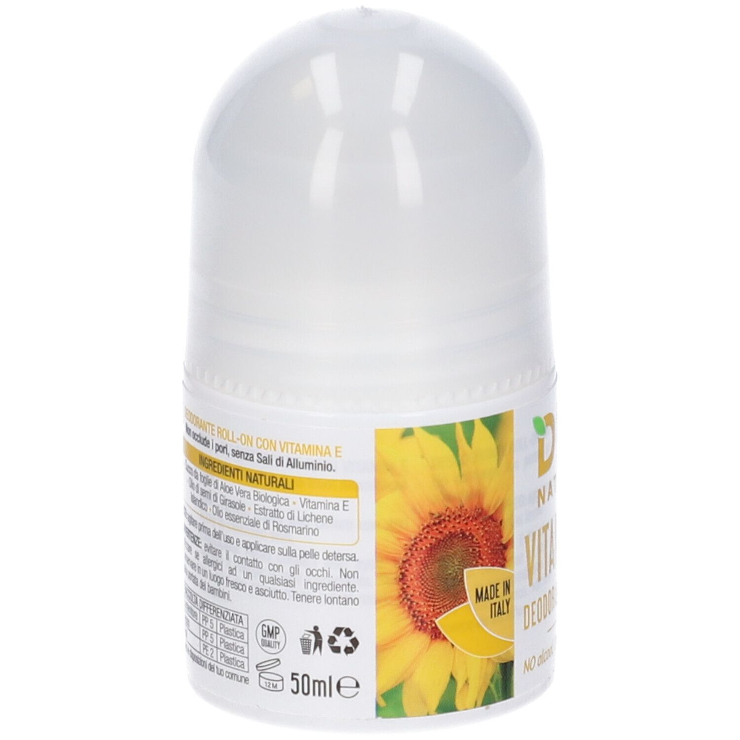 Flacone roll-on bianco. Retro con etichetta giallo-verde. Testo: Deo Naturals, Vitamina E, Roll-on. Ingredienti e 50ml.