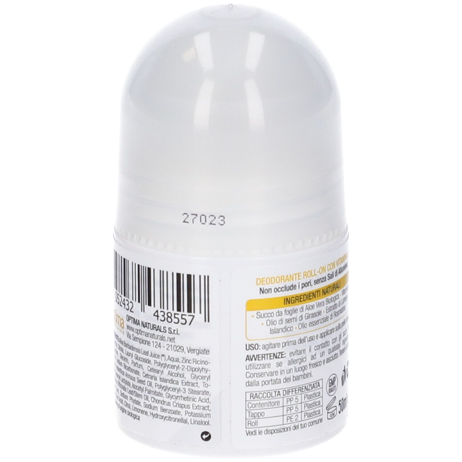 Flacone roll-on bianco. Retro con etichetta, codice a barre e ingredienti. Testo: Deo Naturals, Roll-on. 50ml.