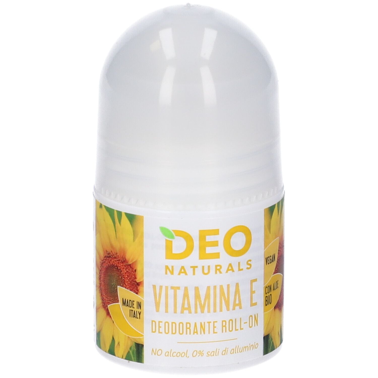 Flacone roll-on bianco. Etichetta giallo-verde con testo: Deo Naturals, Vitamina E, Deodorante roll-on. Design girasole.
