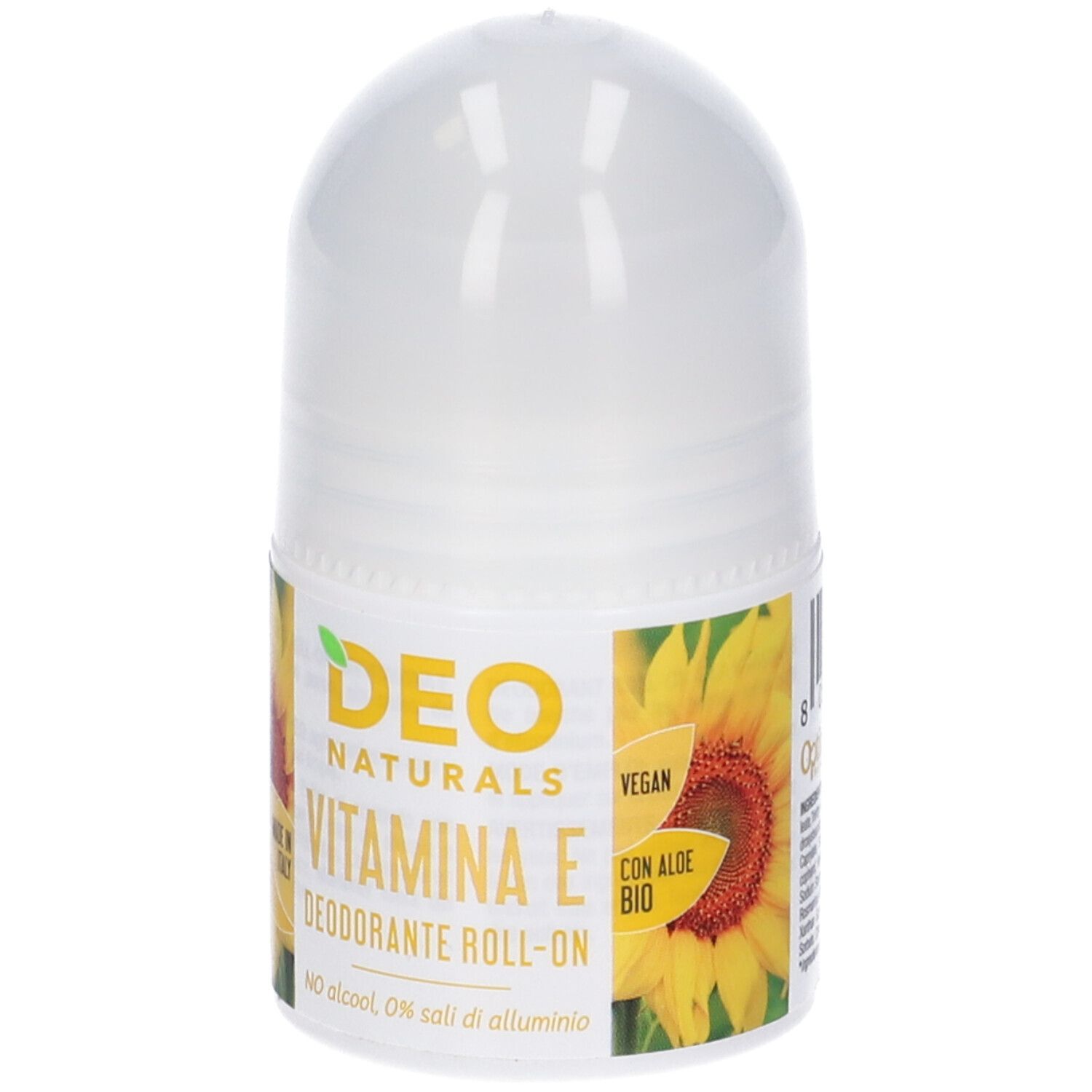 Flacone roll-on bianco. Etichetta giallo-verde con testo: Deo Naturals, Vitamina E, Deodorante roll-on. Design girasole.