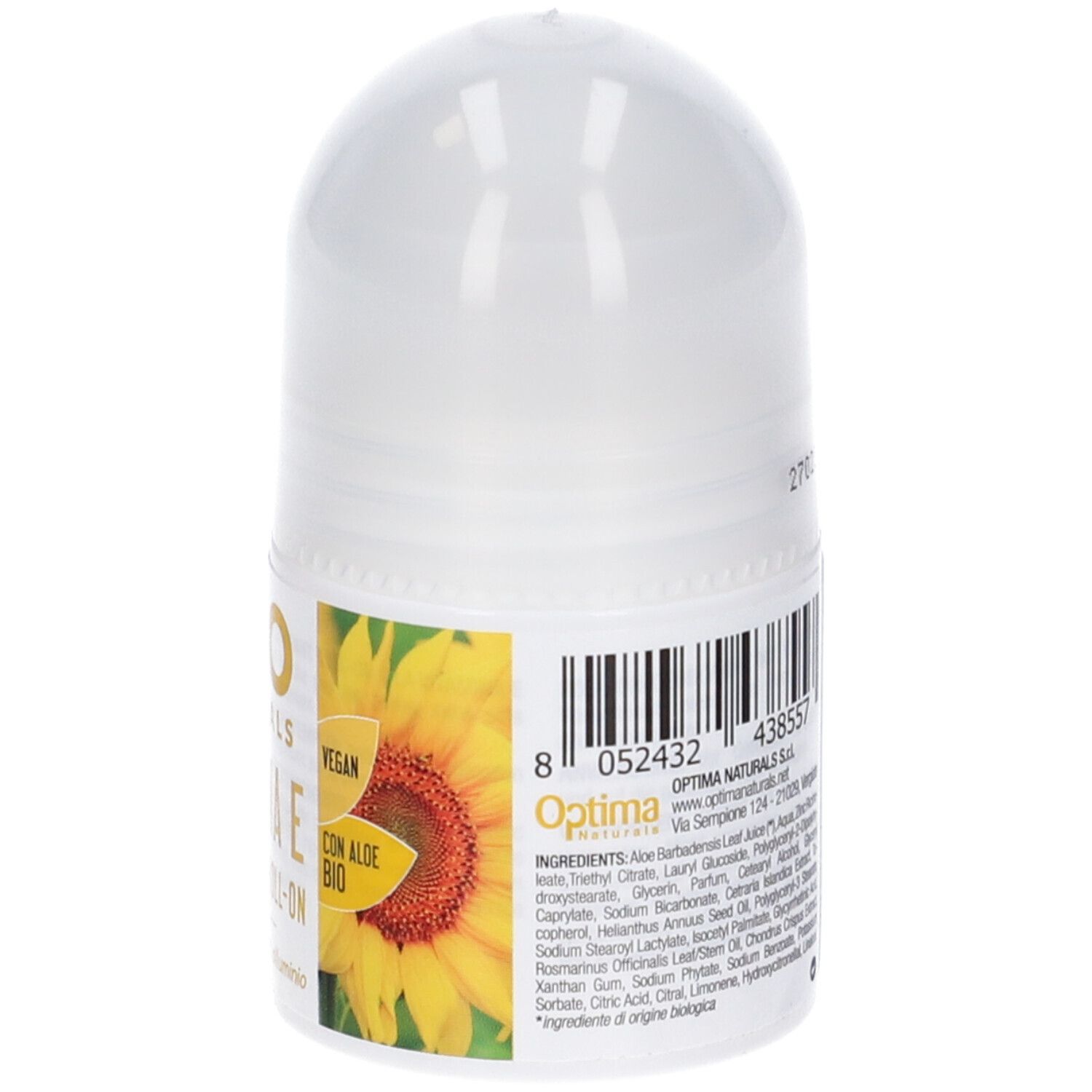 Flacone roll-on bianco. Retro con etichetta, codice a barre e ingredienti. Testo: Deo Naturals, Roll-on. 50ml.