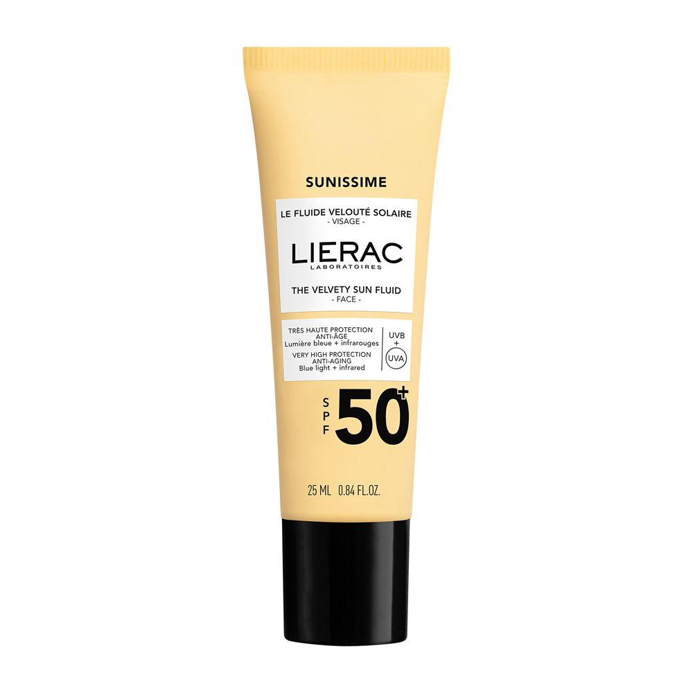 Tubo beige con tappo nero. Scritte: Sunissime, Lierac, SPF 50. Contiene 25 ml.