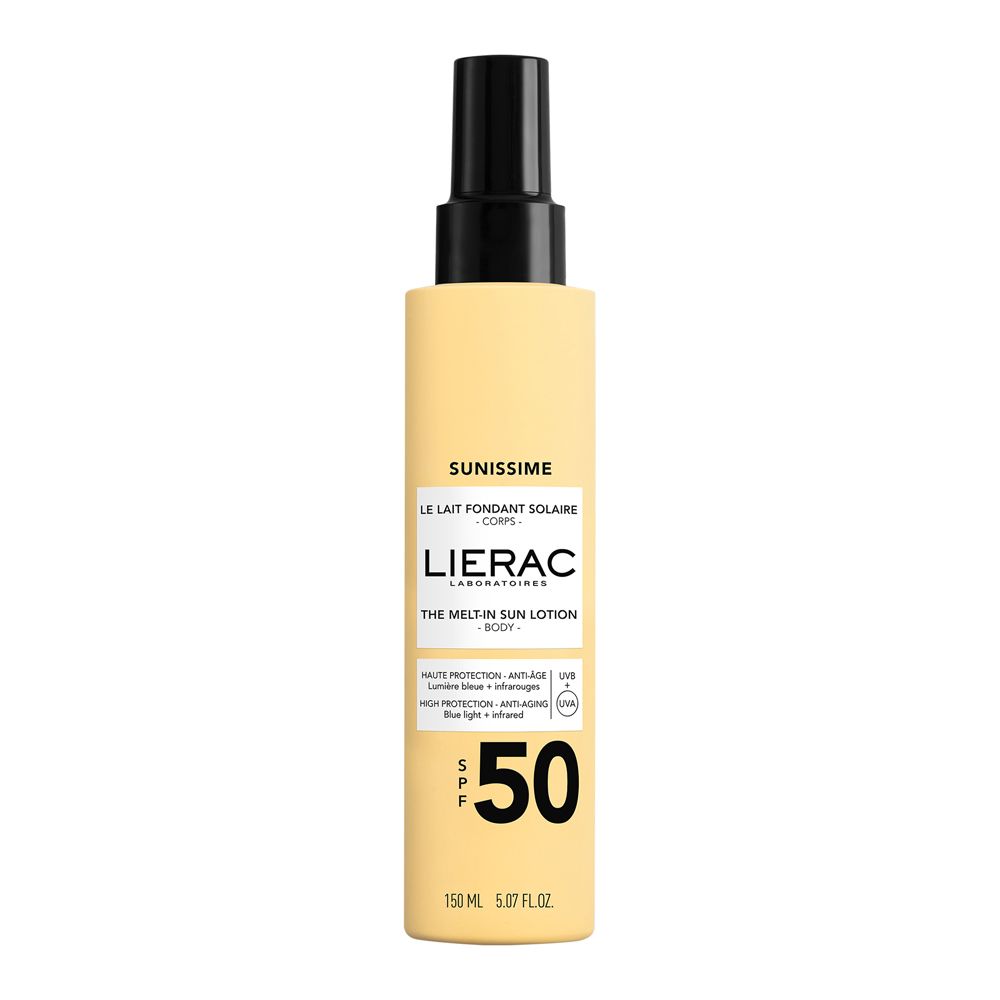 Flacone beige con erogatore nero. Scritte: Sunissime, Lierac, SPF 50. Prodotto per il corpo.