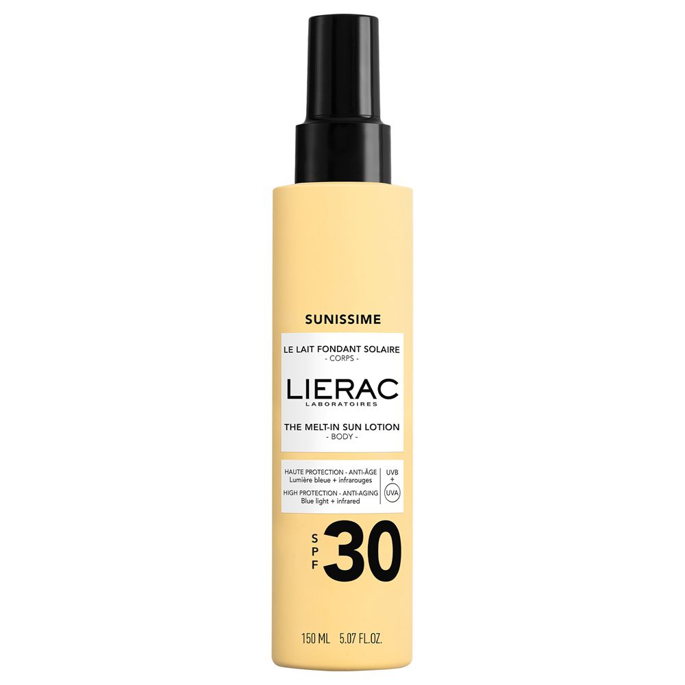 Flacone beige con erogatore nero. Scritte: Sunissime, Lierac, SPF 30. 150 ml.