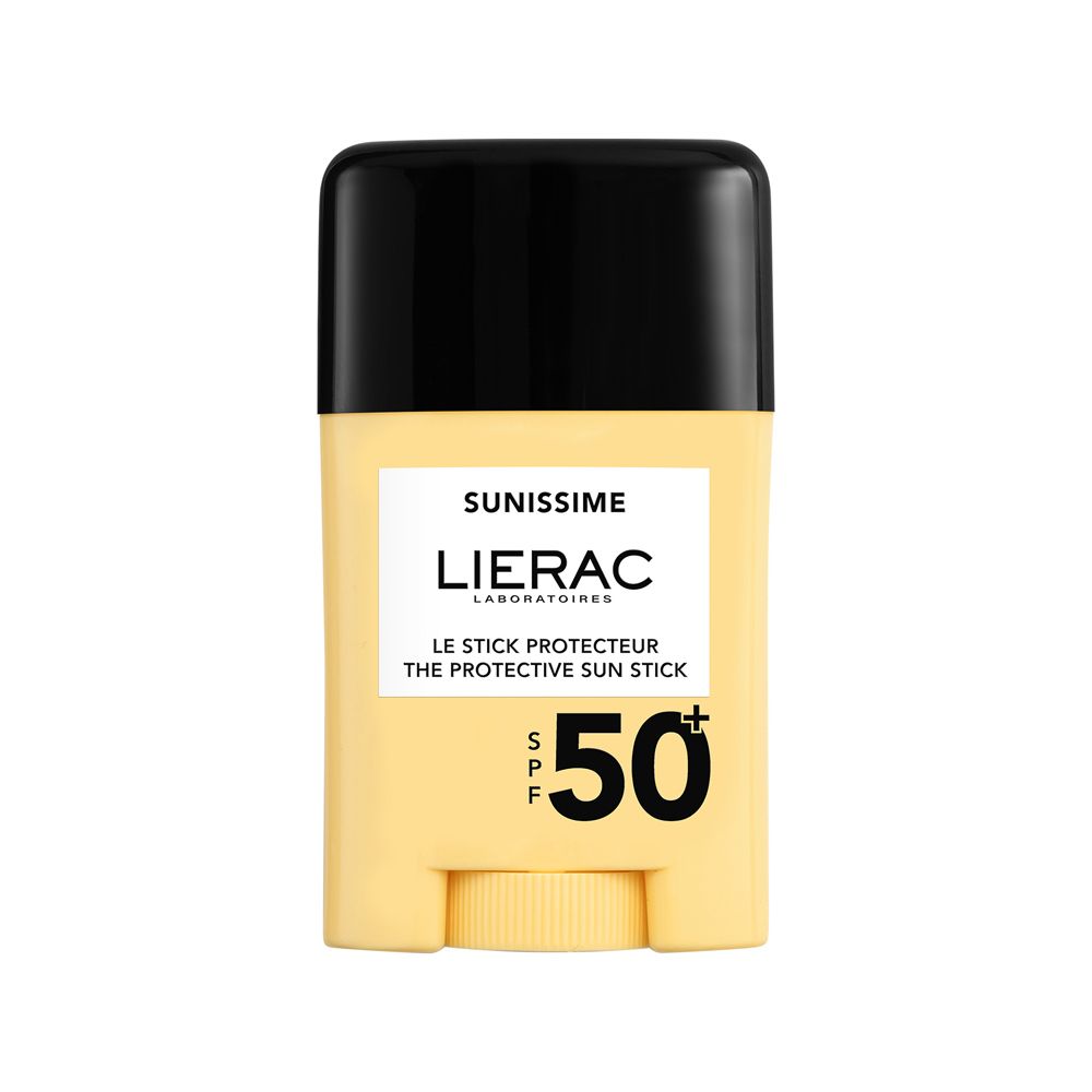 Stick solare giallo, tappo nero. Scritte: Sunissime, Lierac, SPF 50.