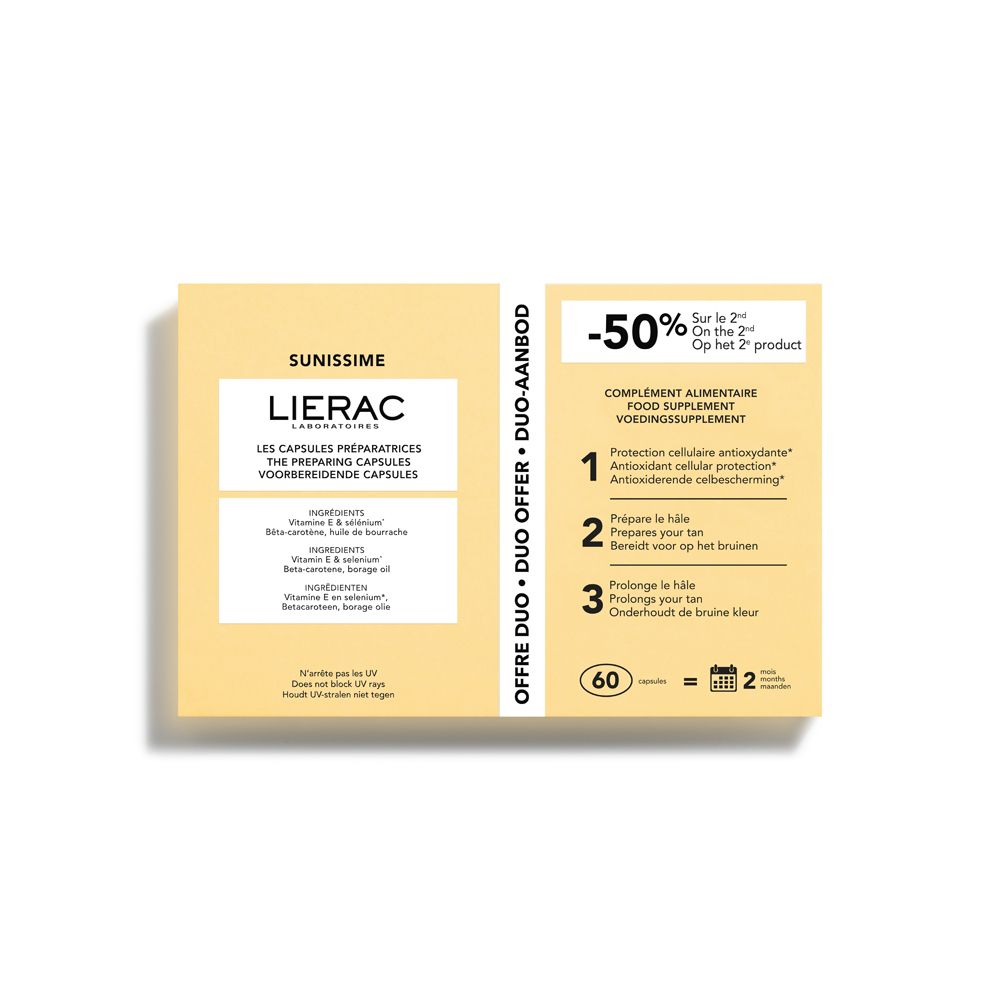 Confezione Lierac Sunissime Duo Capsule. Contiene 60 capsule. Offerta: -50% sul secondo prodotto.