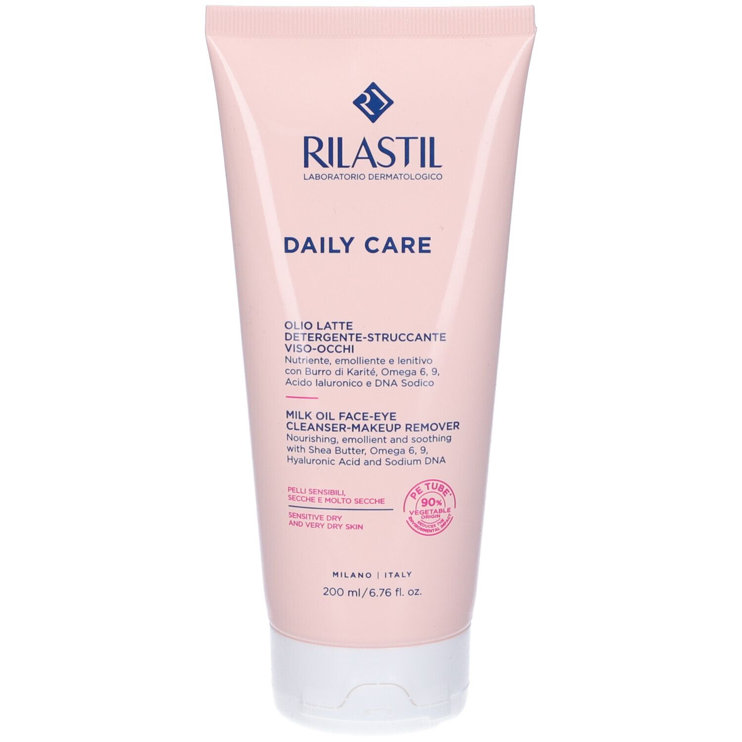 Tubo rosa con tappo bianco. Rilastil Daily Care. Testo in italiano e inglese. Dermatologicamente testato.