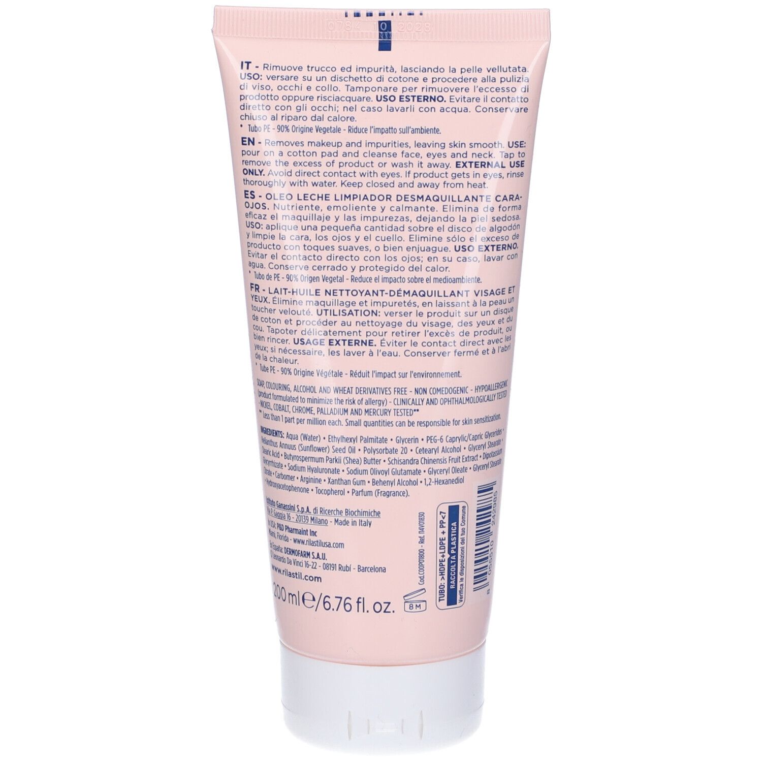 Retro del tubo. Testo multilingue. Ingredienti e informazioni. Tubo rosa con tappo bianco.