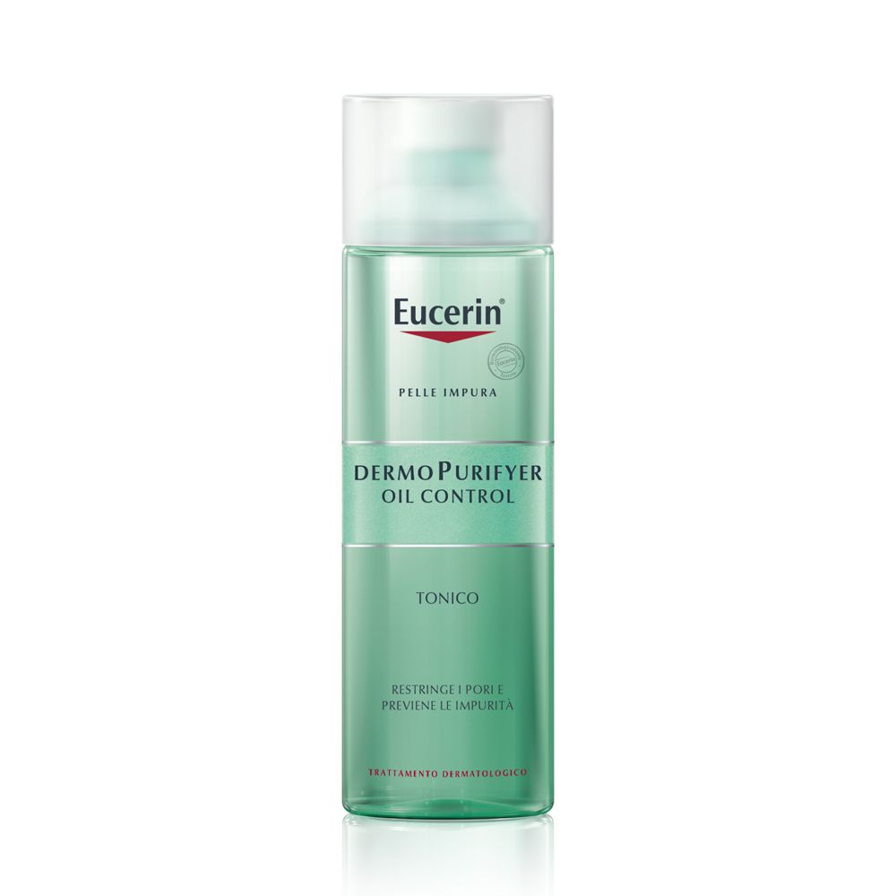 Eucerin DermoPurifyer Oil Control Tonico. Bottiglia verde e bianca. Testo.