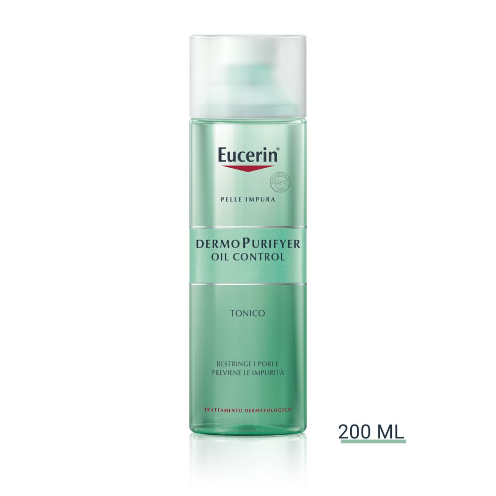 Eucerin DermoPurifyer Oil Control Tonico. Bottiglia verde e bianca. 200 ml.