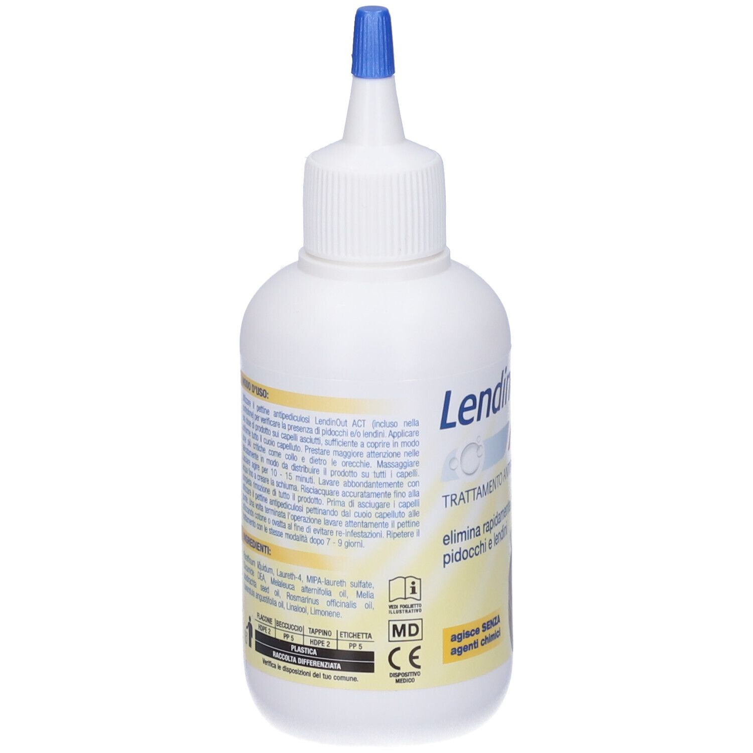 Rückseite einer weißen Flasche mit blauem Verschluss. Text in italienischer Sprache. MD-Zeichen.