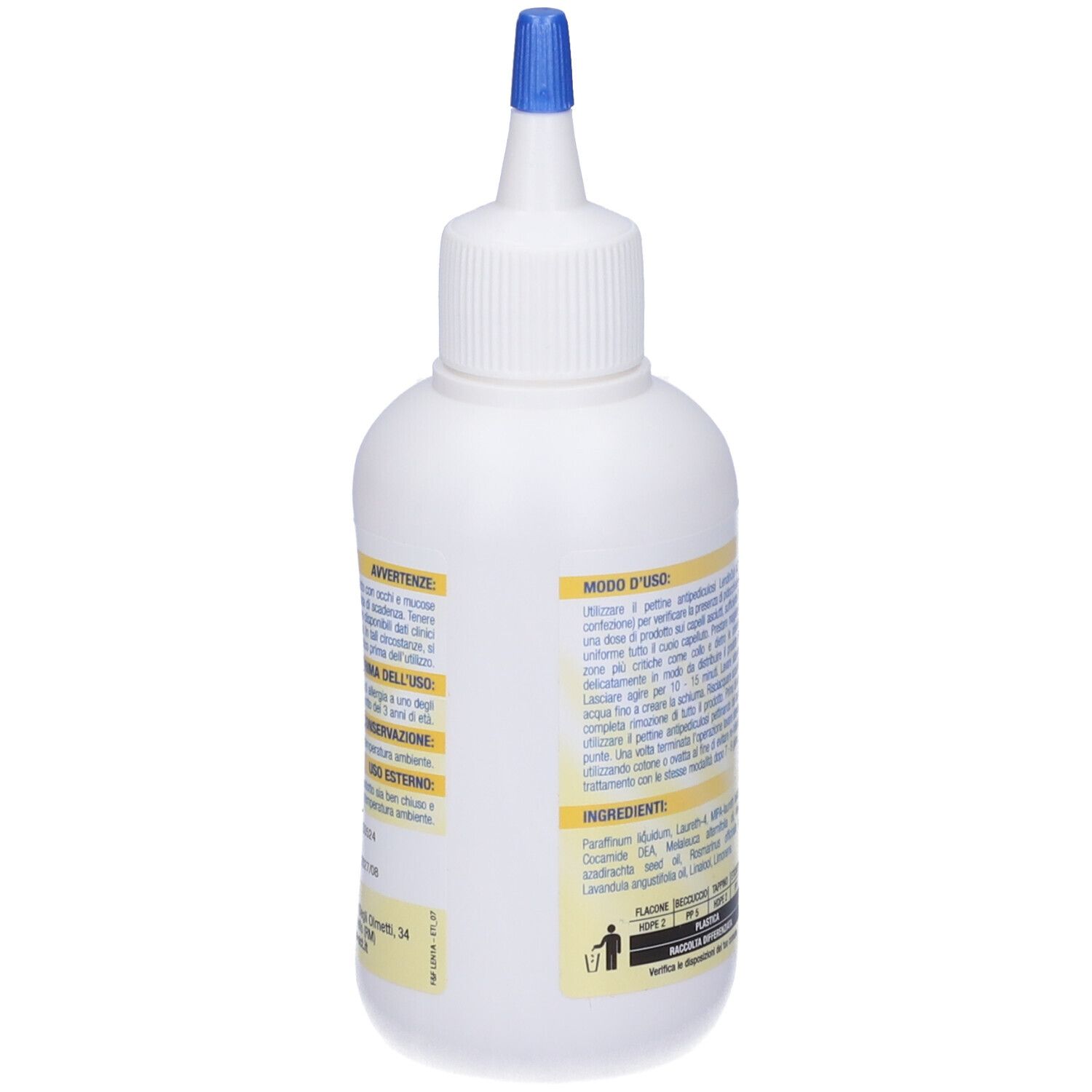 Rückseite einer weißen Flasche mit blauem Verschluss. Text in italienischer Sprache. Inhaltsstoffe und Anwendung.
