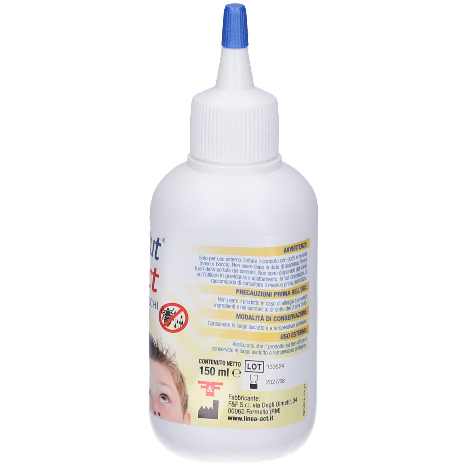 Weiße Flasche mit blauem Verschluss. Aufschrift: LendinOut Act, 150 ml. Bild eines Kindes. MHD.