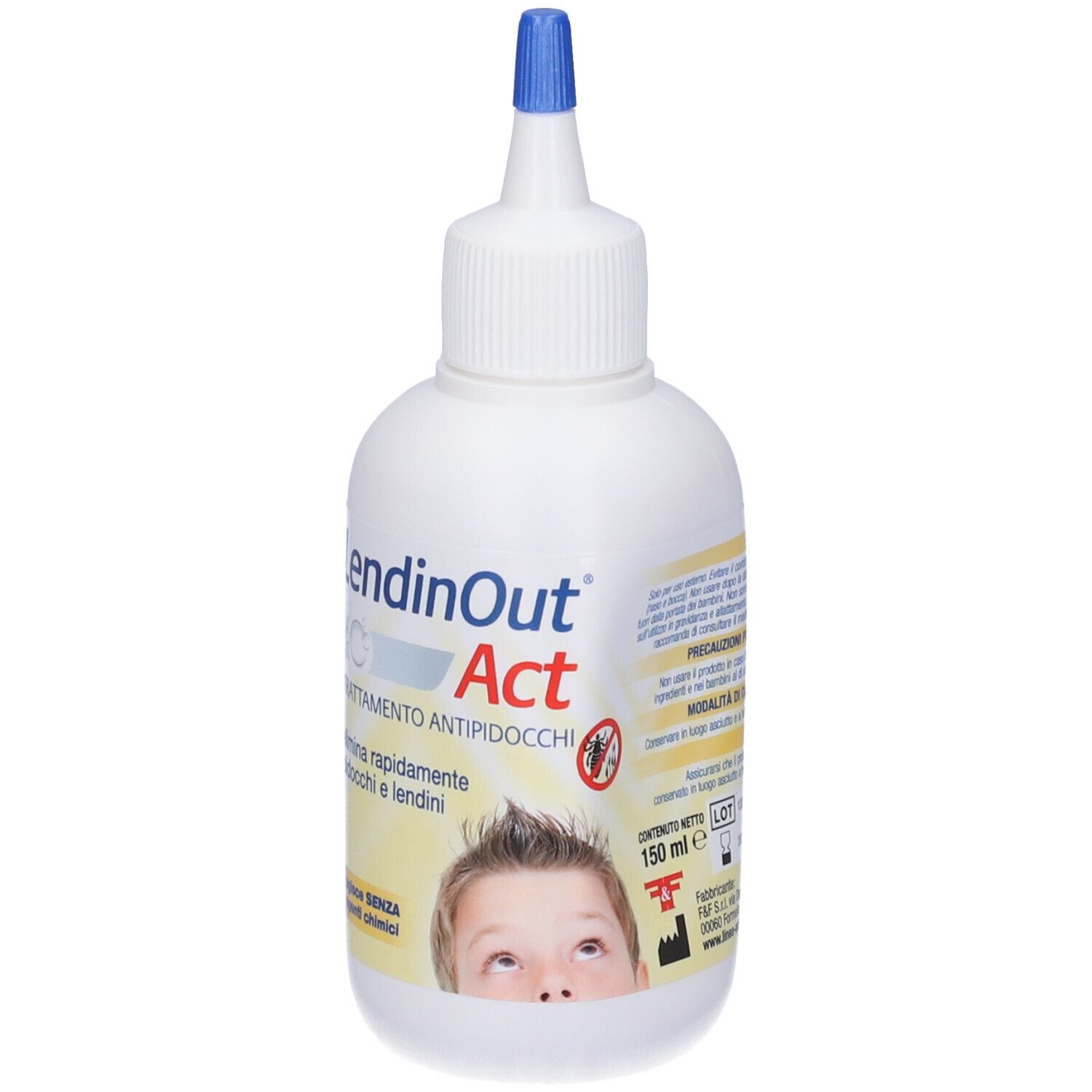 Weiße Flasche mit blauem Verschluss. Aufschrift: LendinOut Act, Behandlung gegen Läuse. Bild eines Kindes.