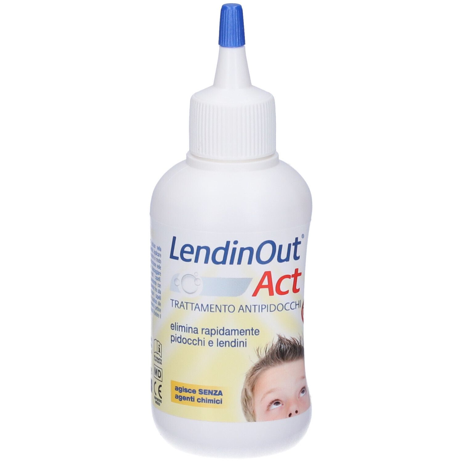 Weiße Flasche mit blauem Verschluss. Aufschrift: LendinOut Act, Behandlung gegen Läuse. Bild eines Kindes.
