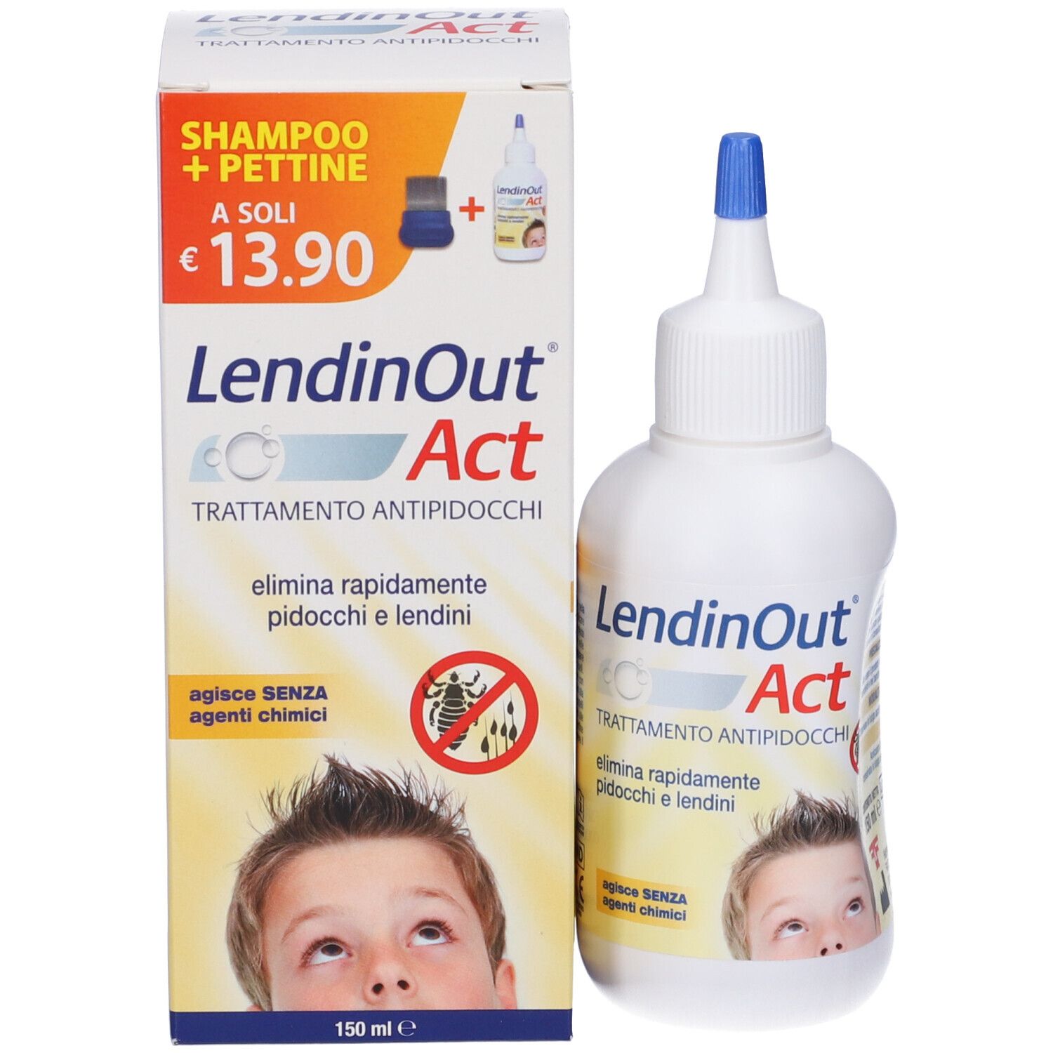Produktpackung mit Flasche und Kamm. Aufschrift: LendinOut Act, 13,90 €. Bild eines Kindes.