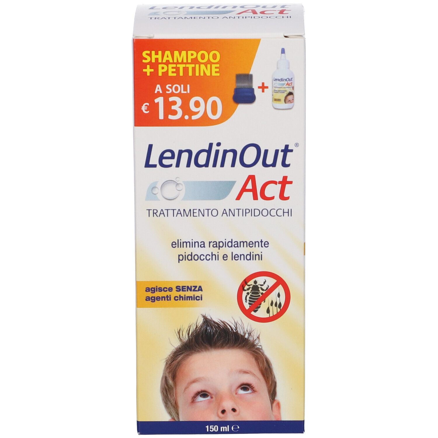 Produktpackung mit Flasche und Kamm. Aufschrift: LendinOut Act, 13,90 €. Bild eines Kindes.