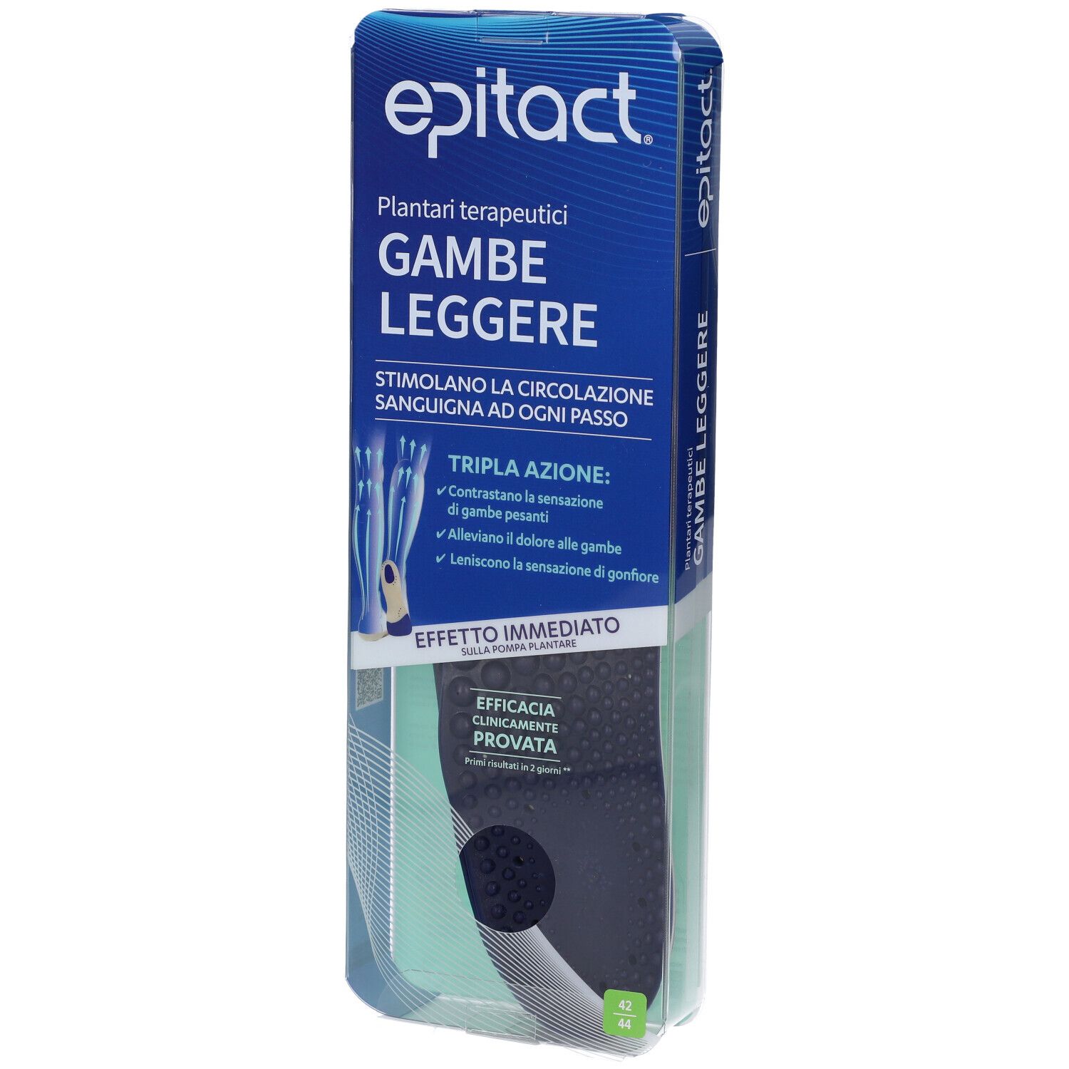 Verpackung von Epitact Plantare Terapeutico Gambe Leggere. Blaue Verpackung mit Produktinformationen und Logo.