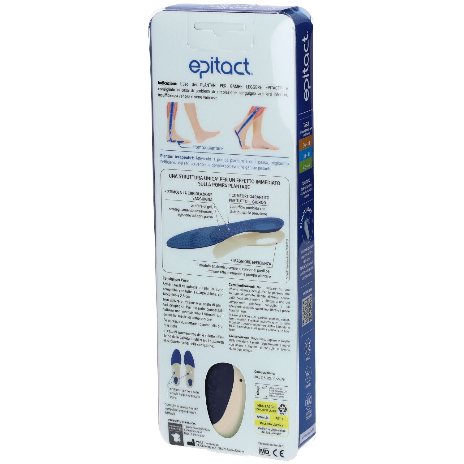 Rückseite der Epitact Plantare Terapeutico Gambe Leggere Verpackung. Produktabbildung und Anwendungsbeispiele.