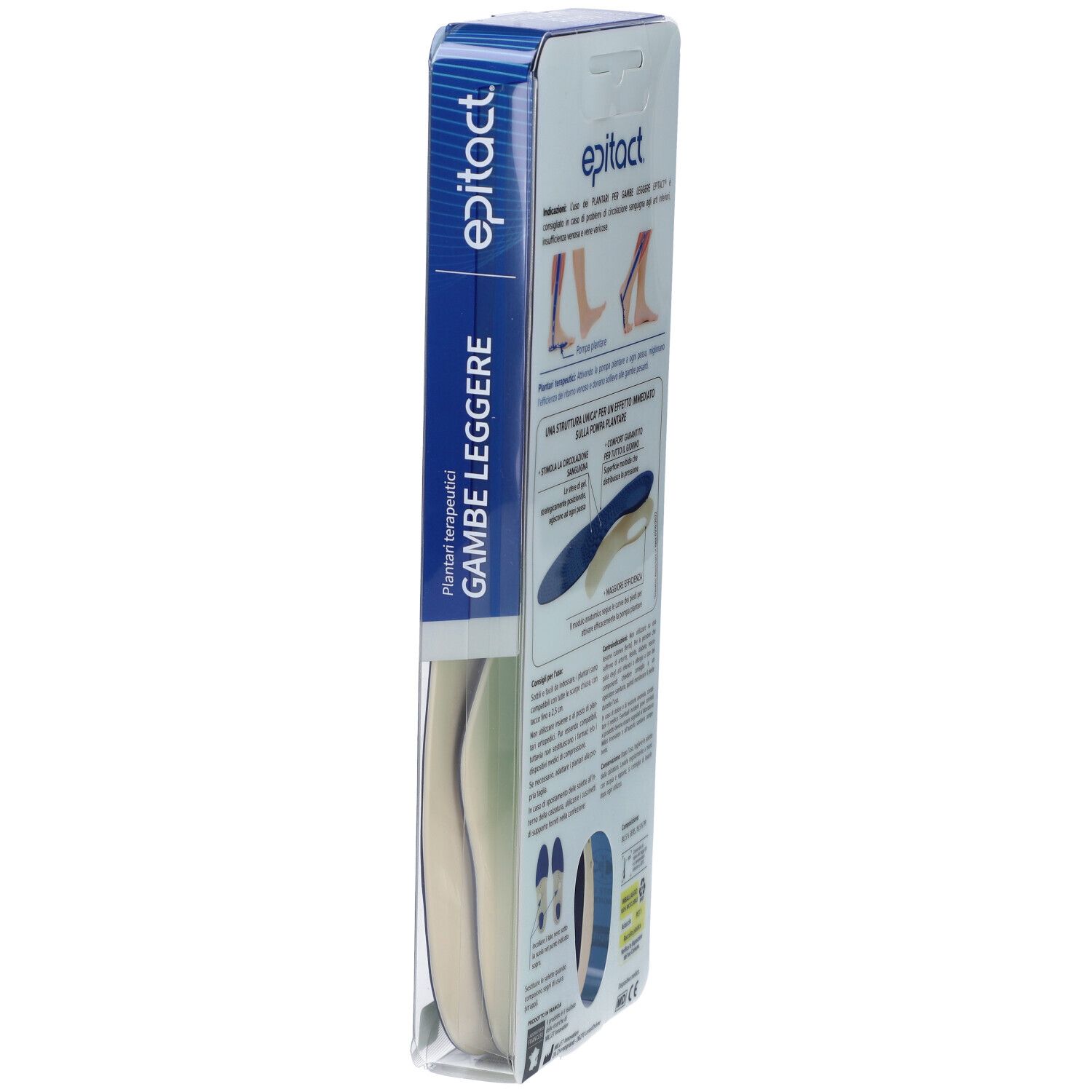 Epitact Plantare Terapeutico Gambe Leggere Verpackung, Seitenansicht. Produkt im Inneren sichtbar.