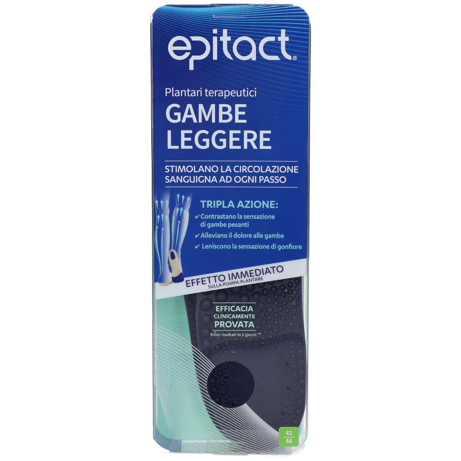 Epitact Plantare Terapeutico Gambe Leggere Verpackung. Blaue Verpackung mit Produktinformationen und Logo.