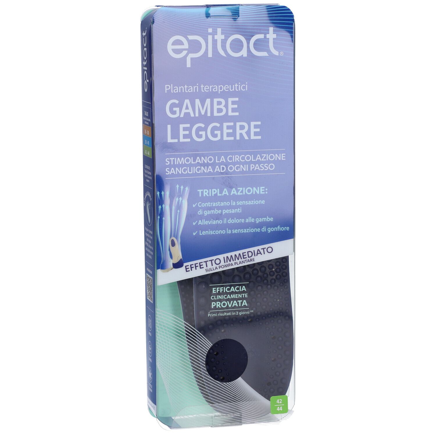 Epitact Plantare Terapeutico Gambe Leggere Verpackung. Blaue Verpackung mit Produktinformationen und Logo.