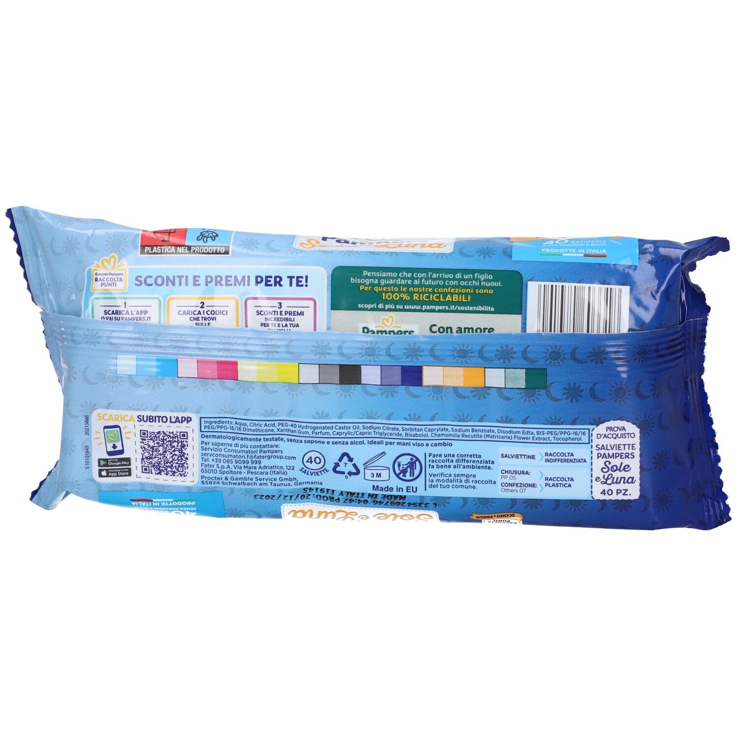 Rückseite der Pampers Sole e Luna Salviette Verpackung. Blaue Verpackung mit Text und Barcode.