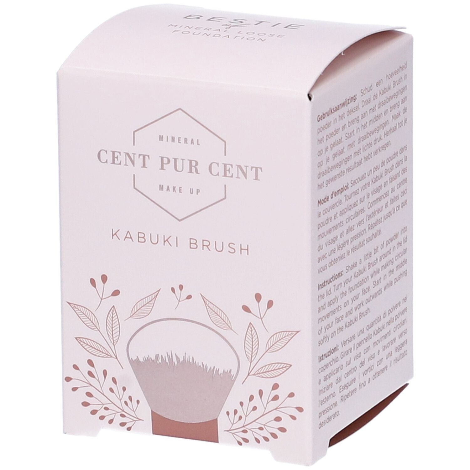 Confezione CENT PUR CENT KABUKI BRUSH. Design rosa e bianco con illustrazione del pennello e elementi floreali.