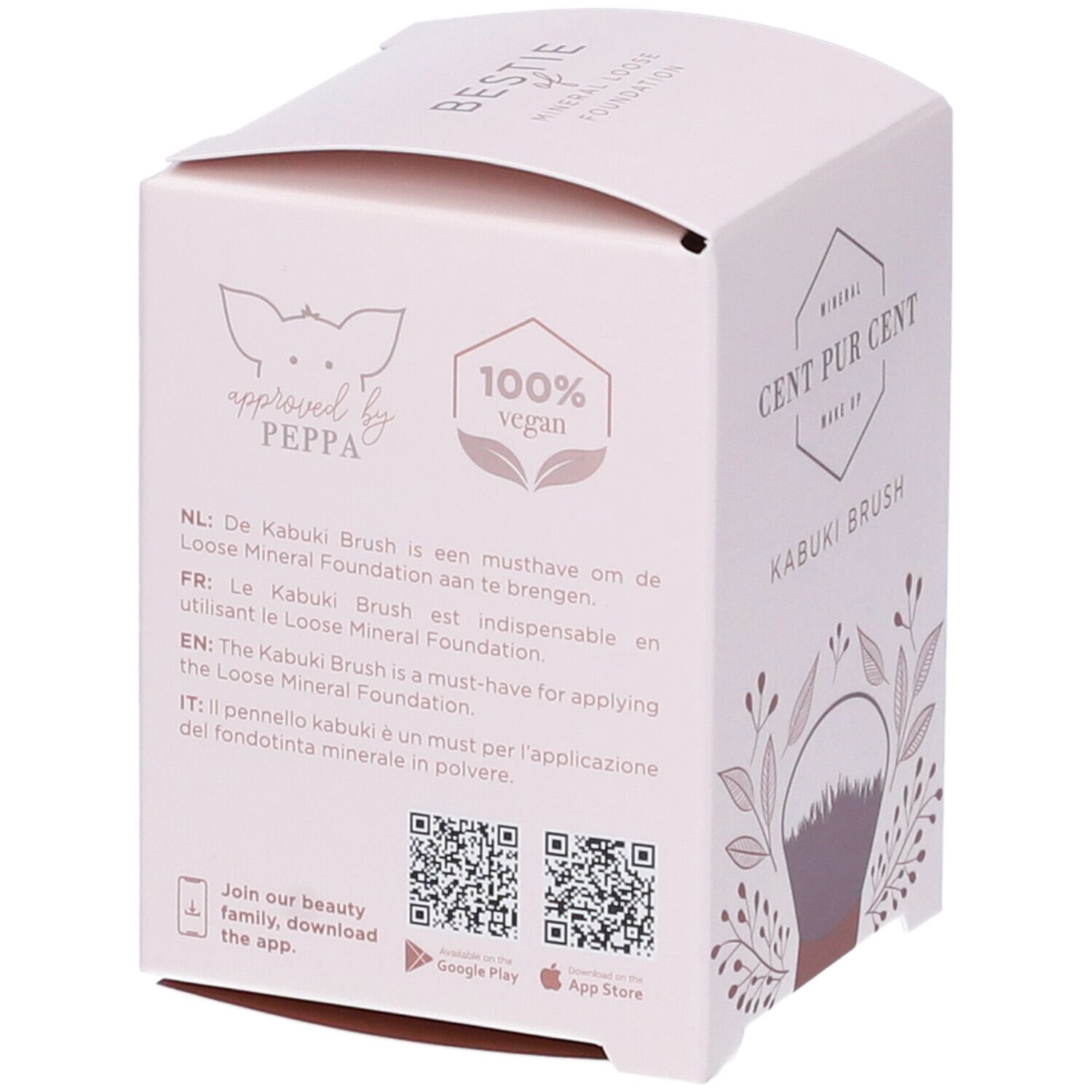 Confezione CENT PUR CENT KABUKI BRUSH. Logo, 100% vegan, QR code, testo multilingue.