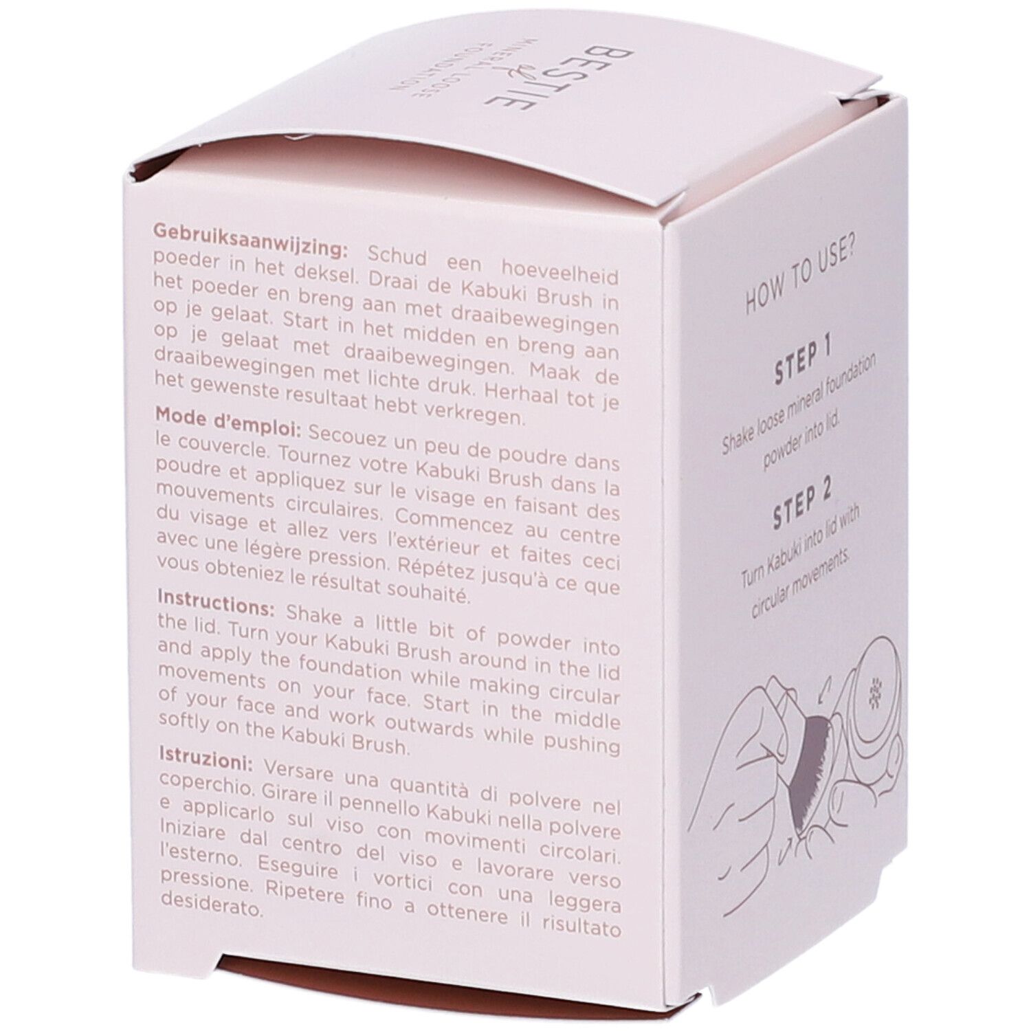 Confezione CENT PUR CENT KABUKI BRUSH. Testo multilingue, istruzioni per l'uso.