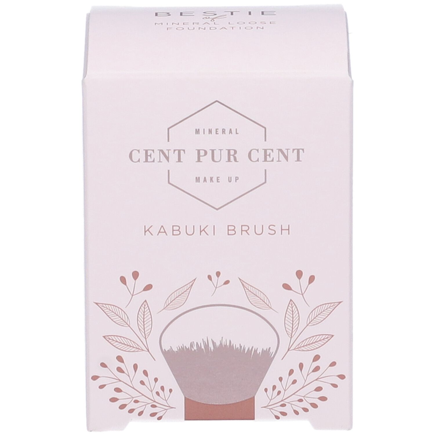 Confezione CENT PUR CENT KABUKI BRUSH. Nome del prodotto, logo, design rosa e bianco, illustrazione del pennello.