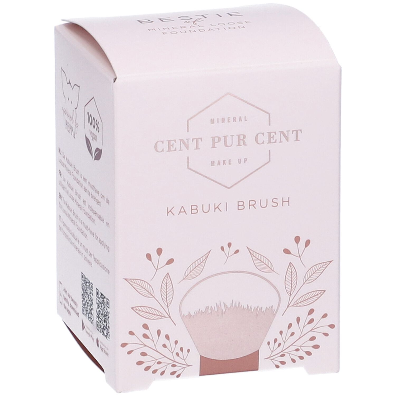 Confezione CENT PUR CENT KABUKI BRUSH. Logo, 100% vegan, QR code, nome del prodotto, design rosa e bianco.