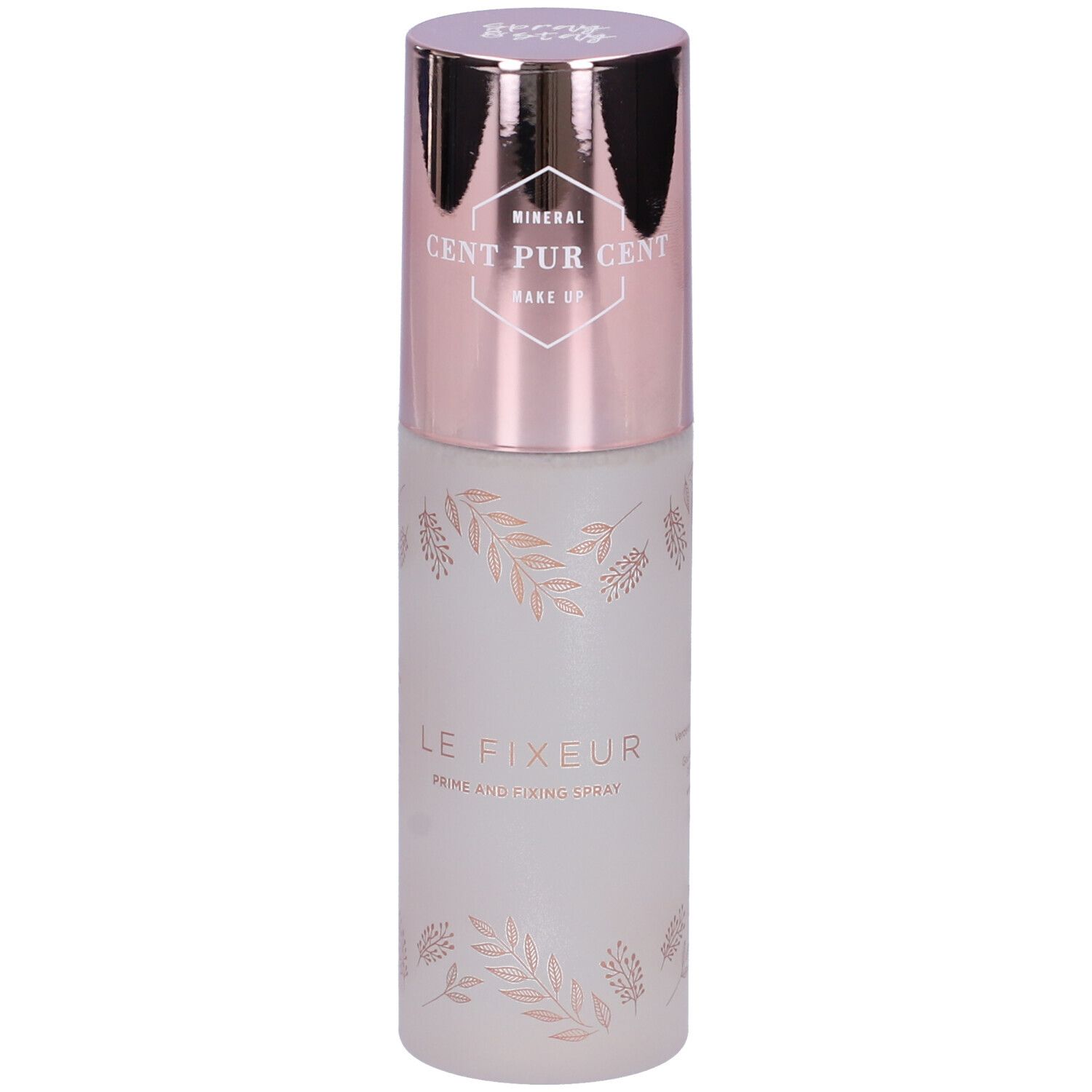 Spray fissante con tappo color oro rosa. Scritta: Cent Pur Cent, Le Fixeur. Flacone bianco opaco con motivo floreale.