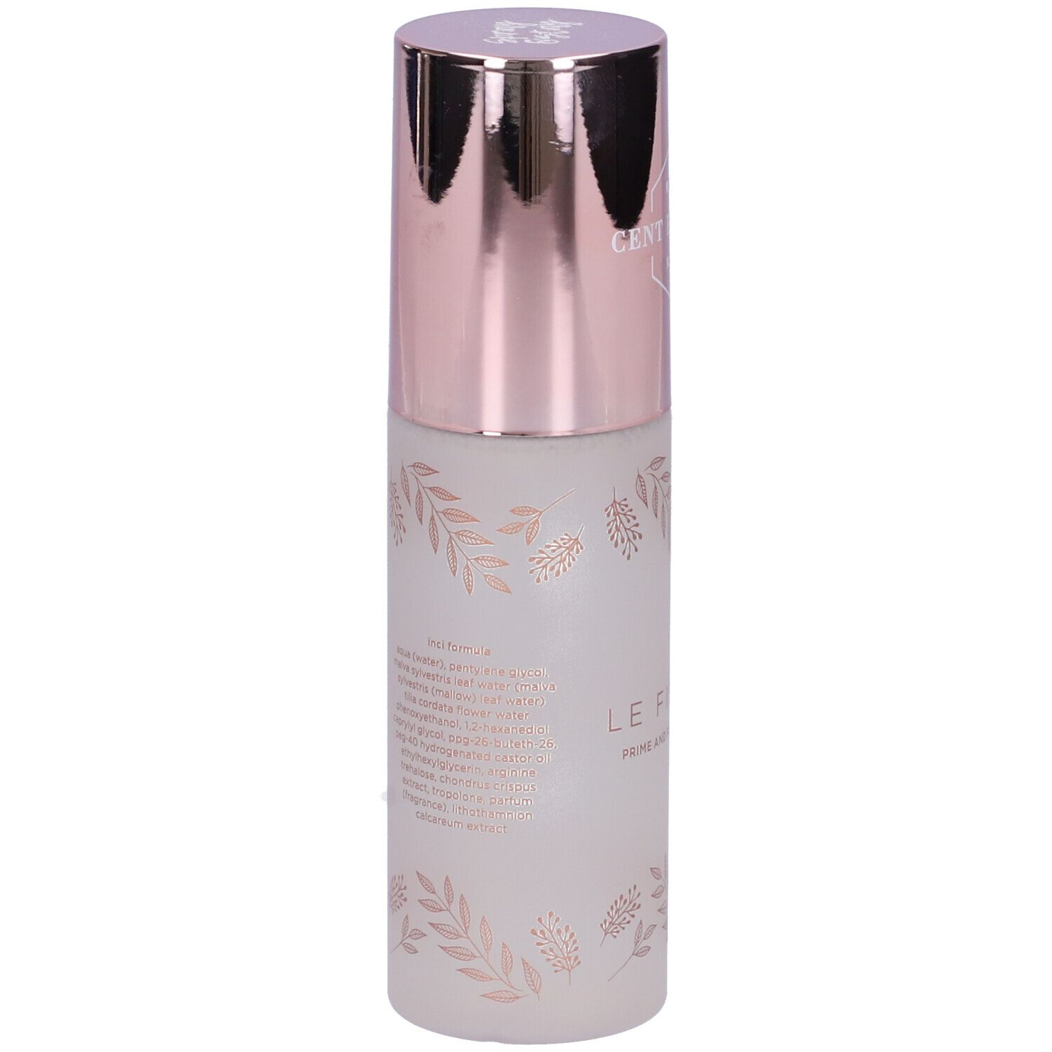 Spray fissante con tappo color oro rosa. Scritta: Cent Pur Cent, Le Fixeur. Flacone bianco opaco con motivo floreale.
