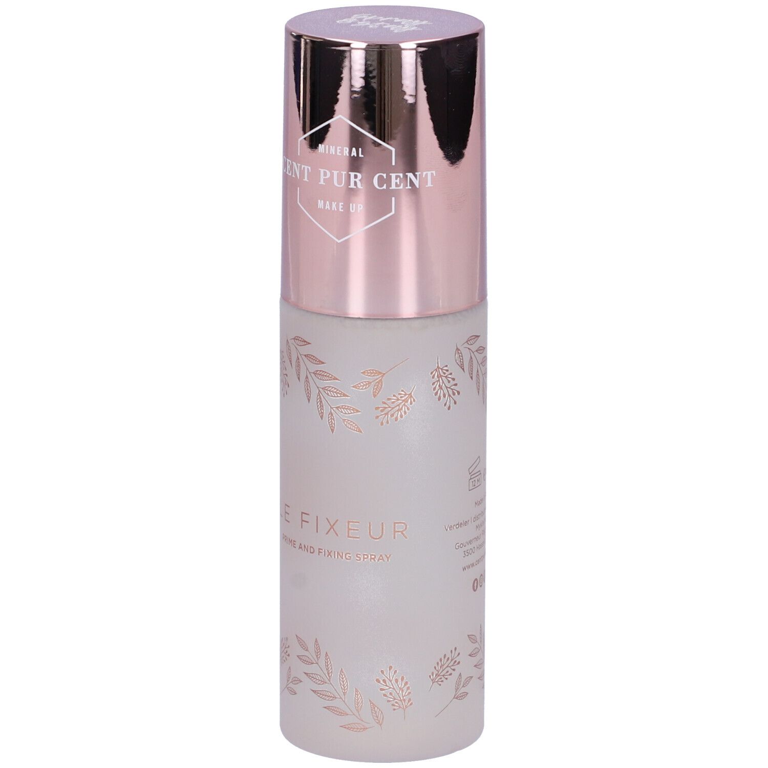 Spray fissante con tappo color oro rosa. Scritta: Cent Pur Cent, Le Fixeur. Flacone bianco opaco con motivo floreale.