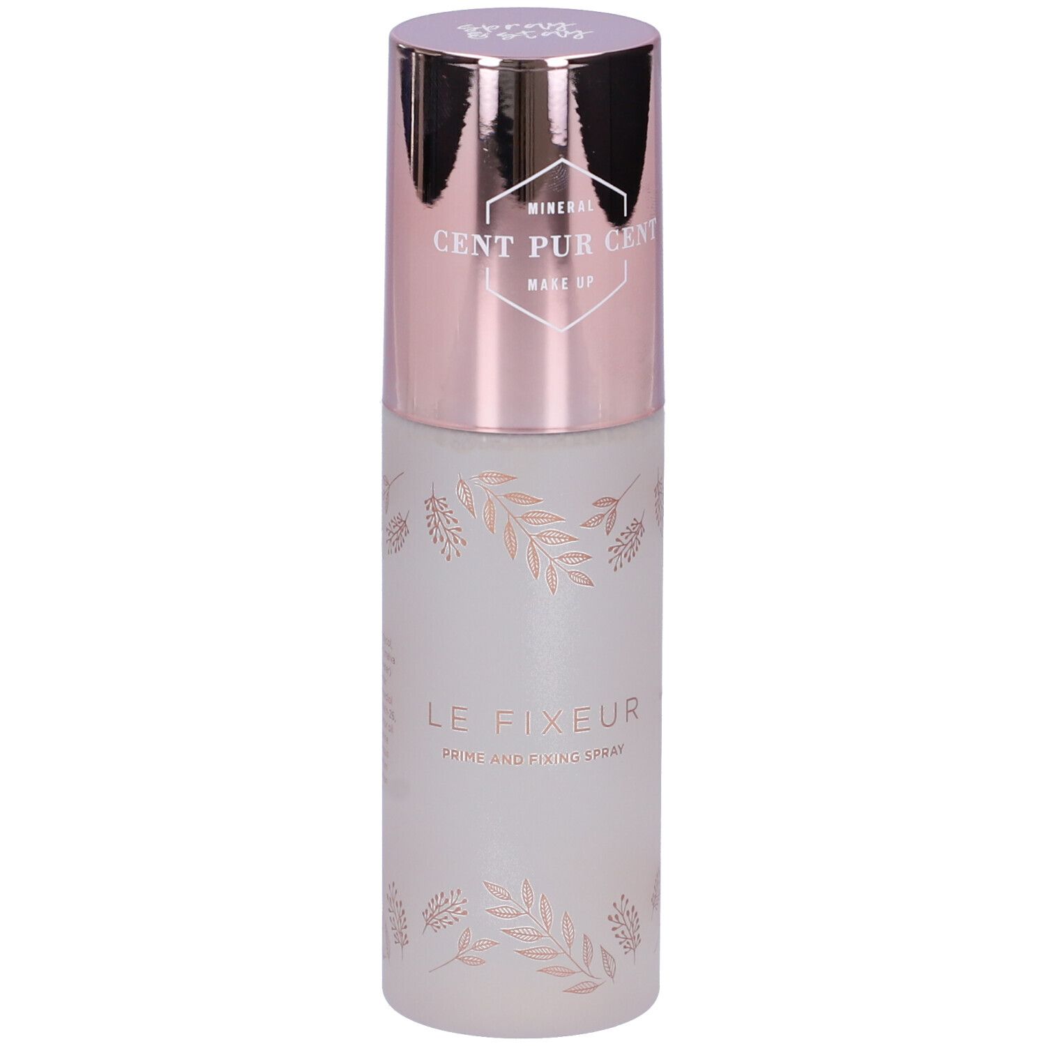 Spray fissante con tappo color oro rosa. Scritta: Cent Pur Cent, Le Fixeur. Flacone bianco opaco con motivo floreale.