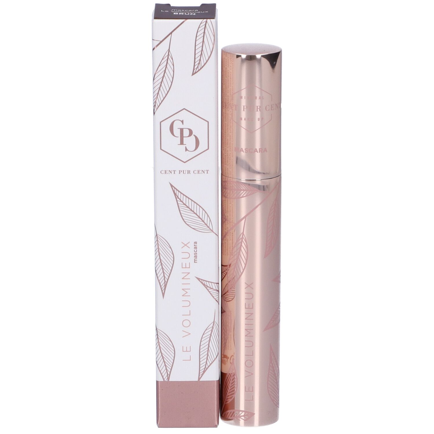 Mascara e confezione. Tubo mascara in metallo rosa. Confezione con motivo a foglie e nome del prodotto.