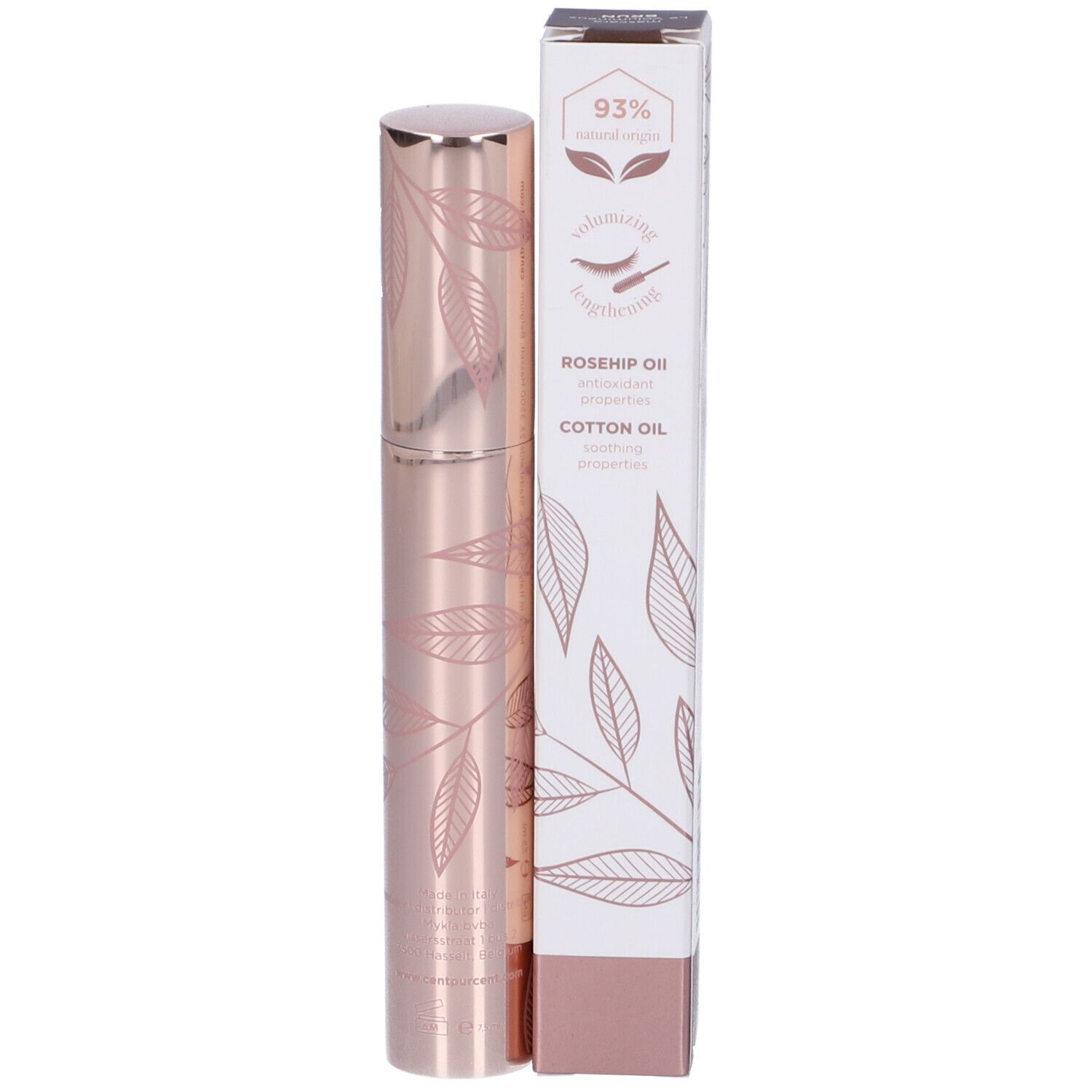Tubo mascara e confezione. Tubo mascara in metallo rosa. Confezione con motivo a foglie e nome del prodotto. 93% ingredienti naturali.