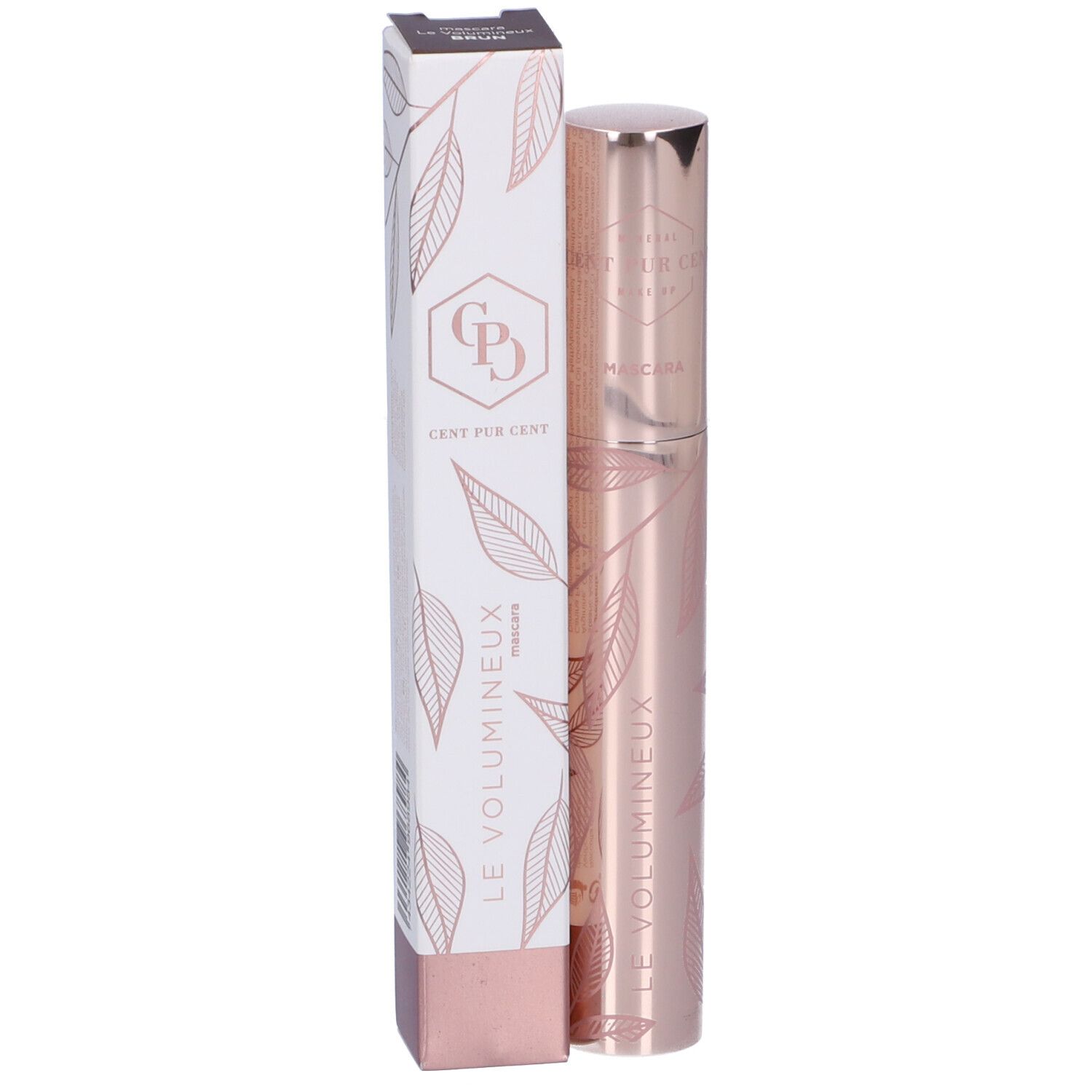 Mascara e confezione. Tubo mascara in metallo rosa. Confezione con motivo a foglie e nome del prodotto.