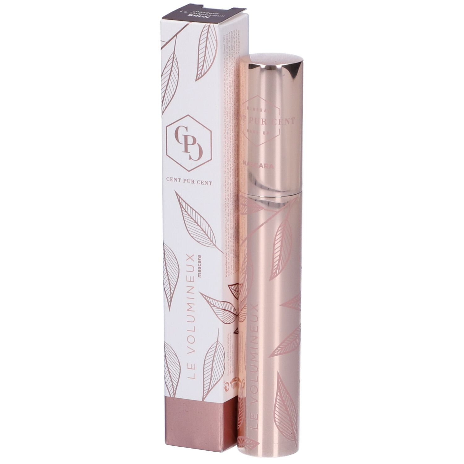 Mascara e confezione. Tubo mascara in metallo rosa. Confezione con motivo a foglie e nome del prodotto.