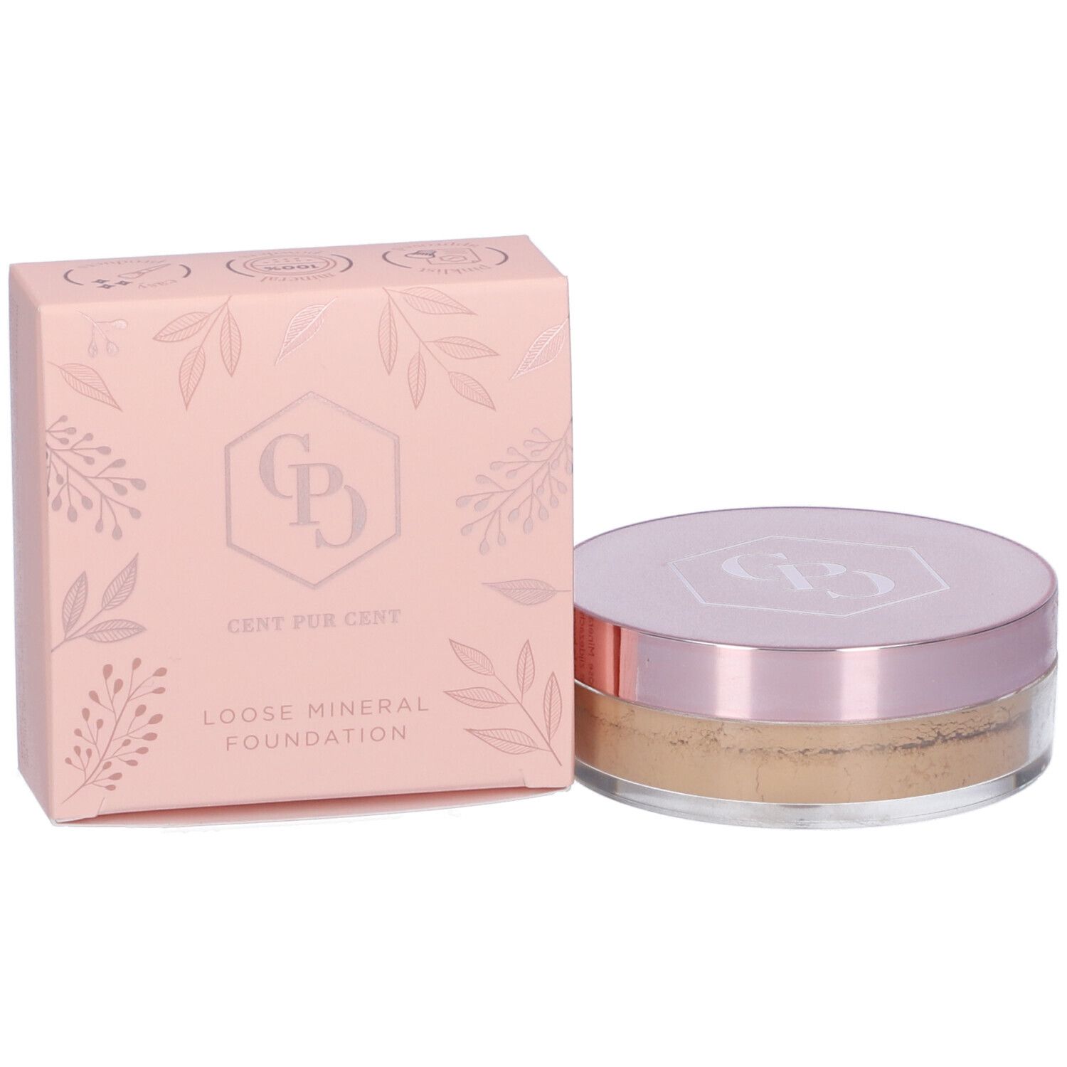 Cent Pur Cent Loose Mineral Foundation. Confezione rosa con logo e scritta. Barattolo di polvere sciolta accanto.