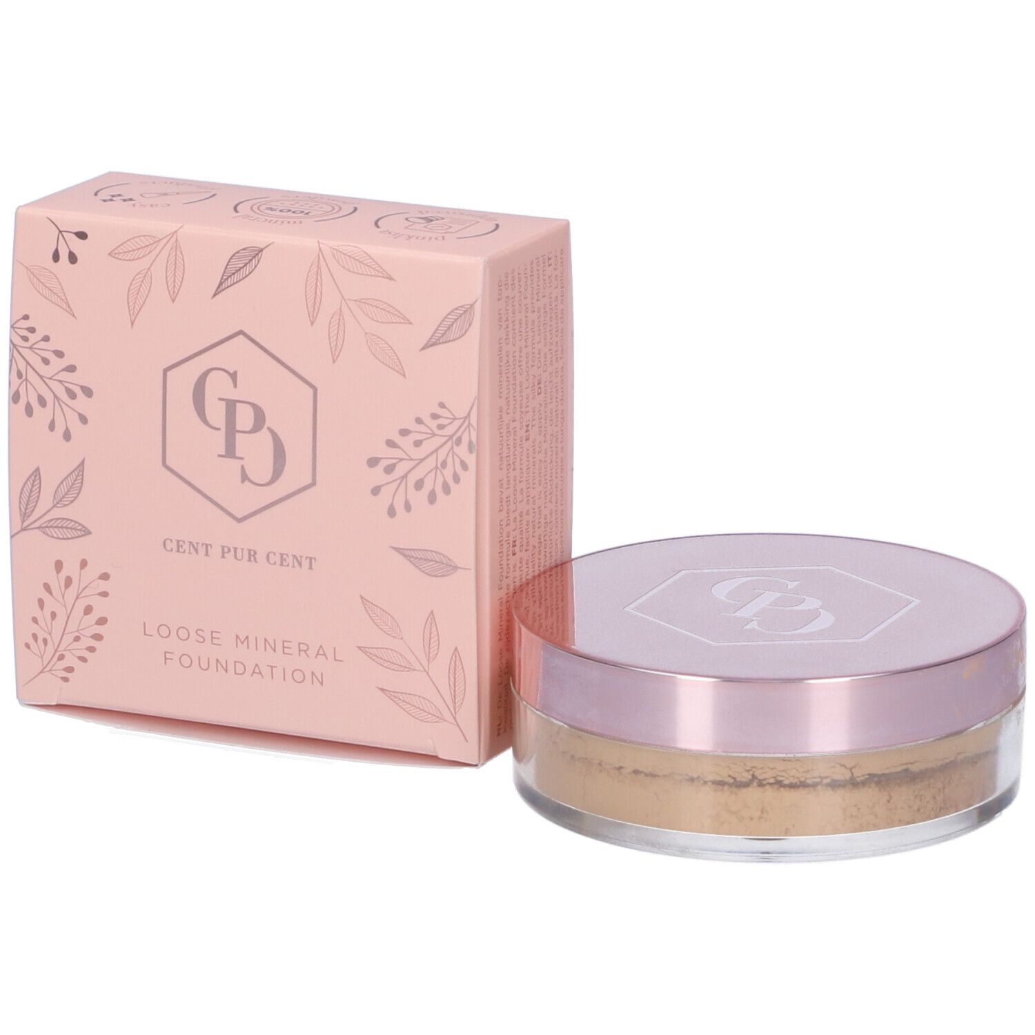 Cent Pur Cent Loose Mineral Foundation. Confezione rosa con logo e scritta. Barattolo di polvere sciolta accanto.