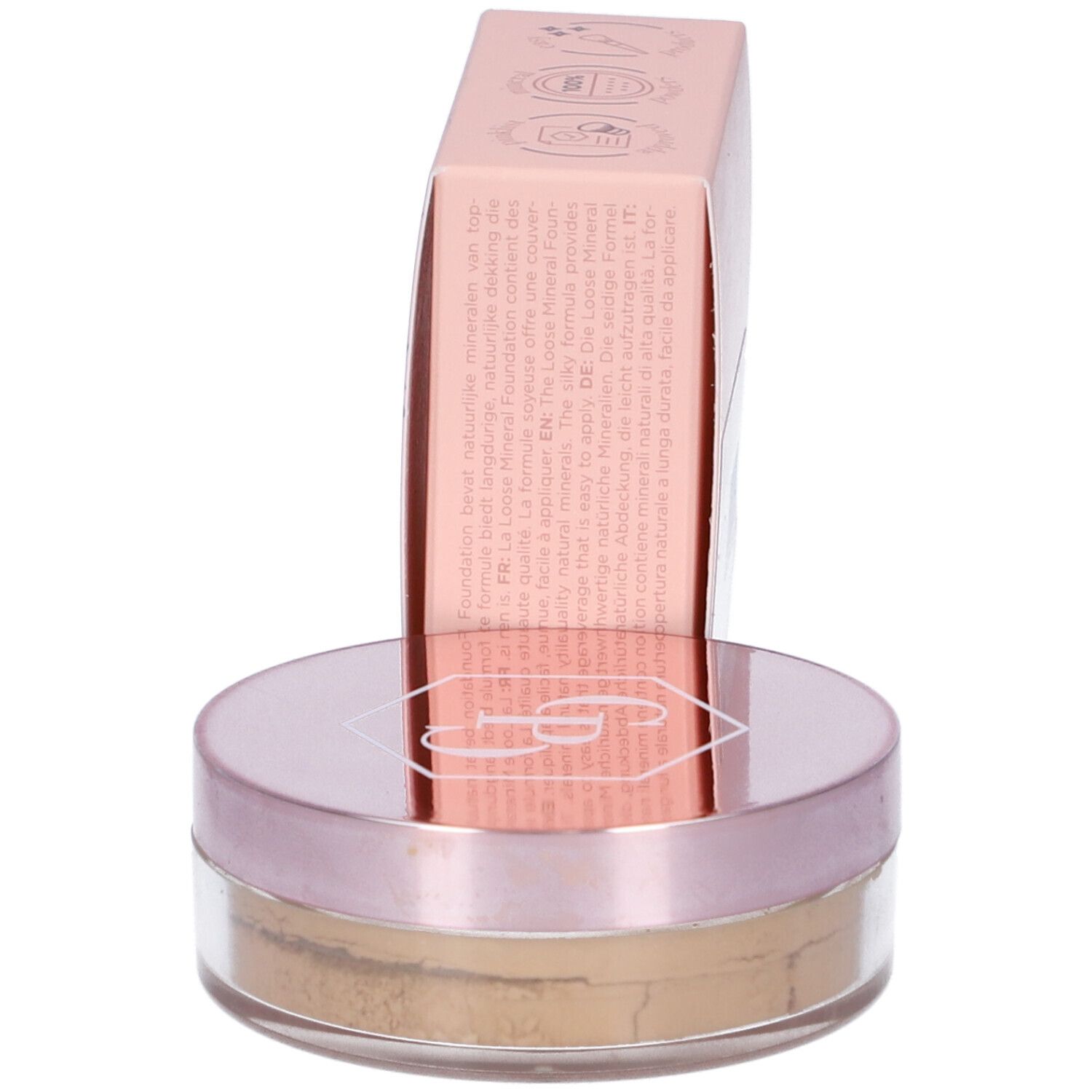 Cent Pur Cent Loose Mineral Foundation. Confezione rosa con testo. Barattolo di polvere sciolta in primo piano.