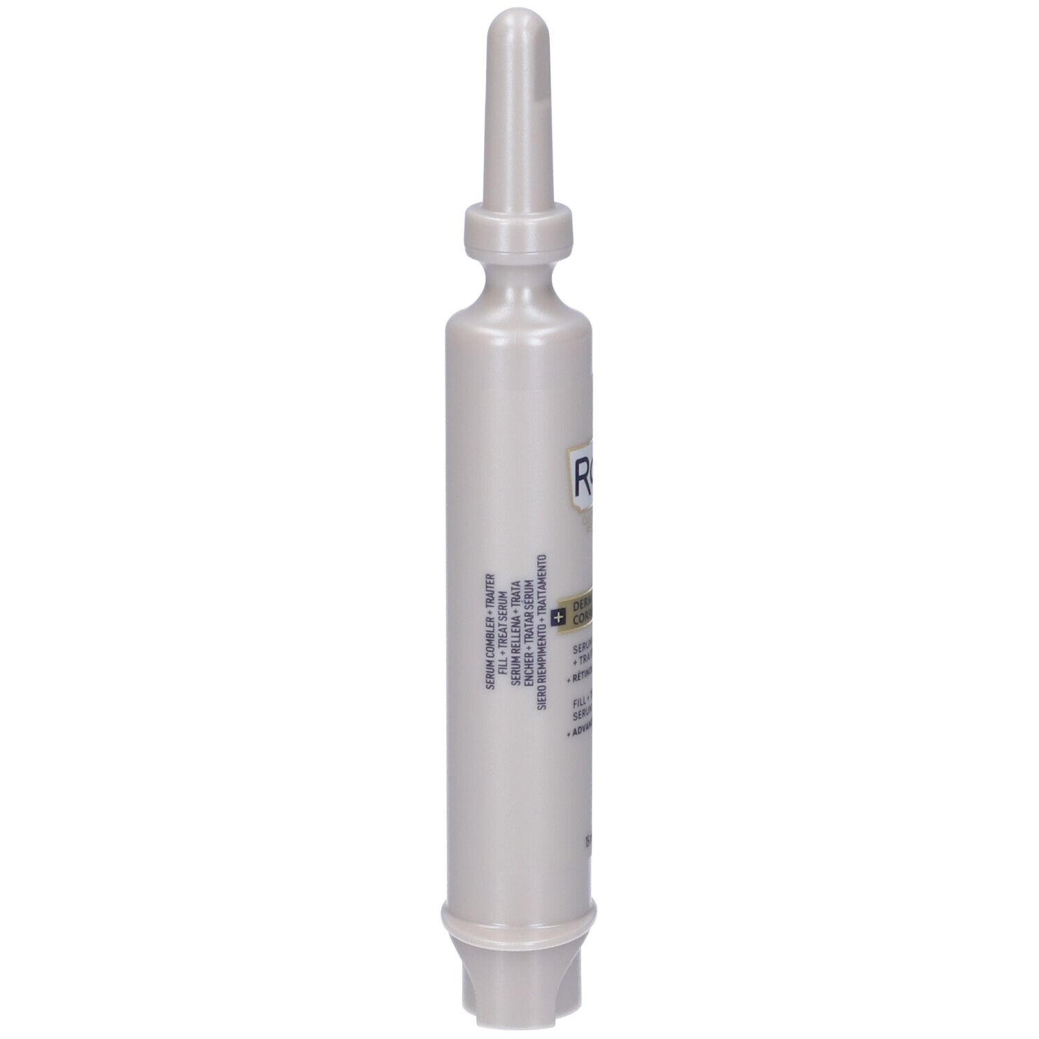 Flacone di siero RoC Derm Correxion. Retro. Testo e loghi. Grigio-bianco.